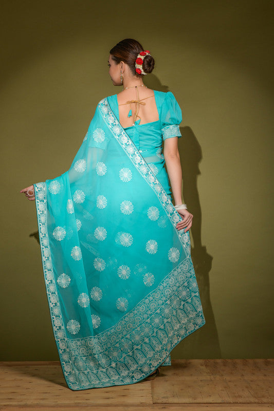 Turquoise Georgette Saree with Lakhnavi Thread Work and Blouse