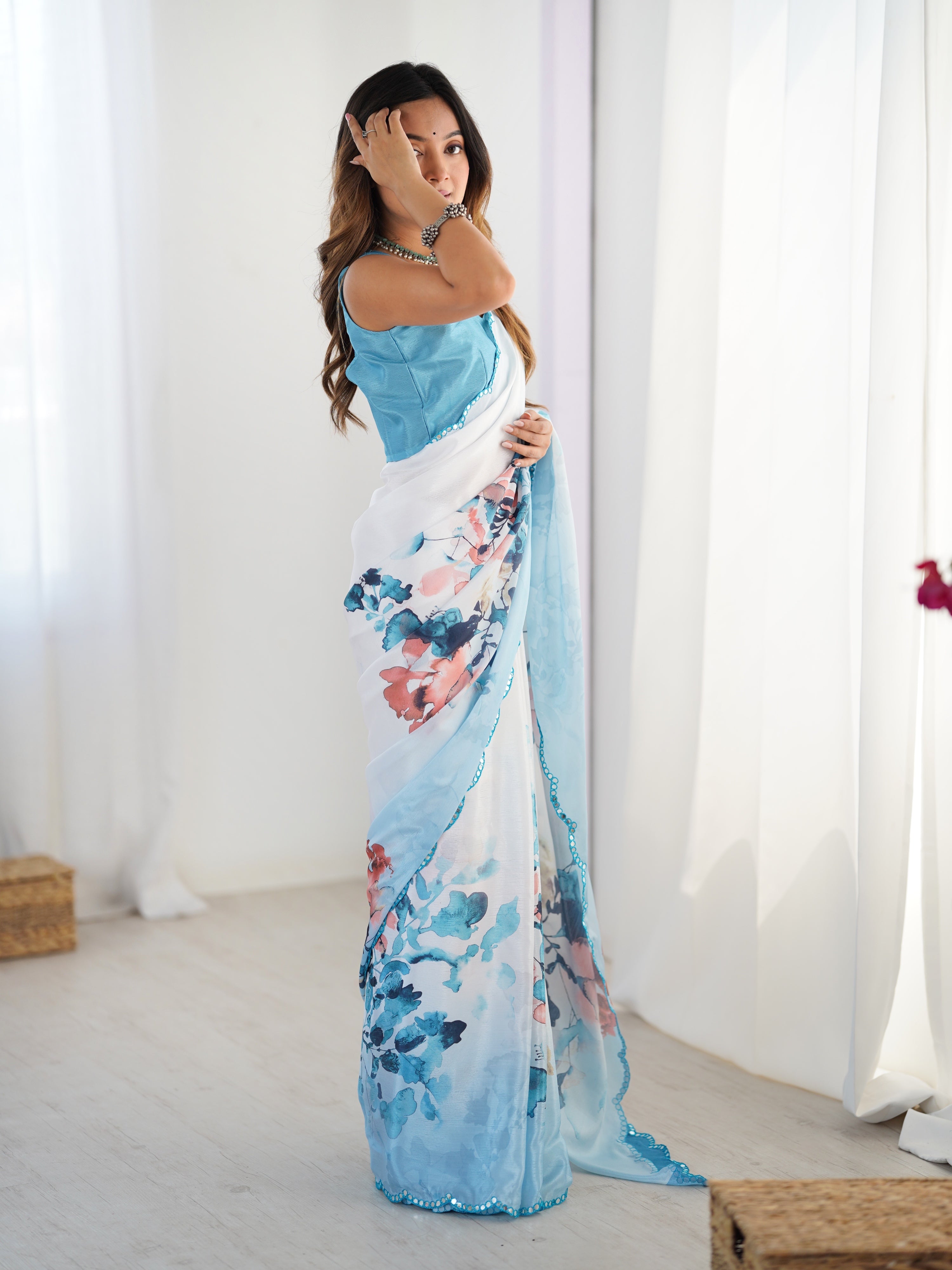 Sky Blue Chinon Digital Printed Designer Saree with Mirror Lace