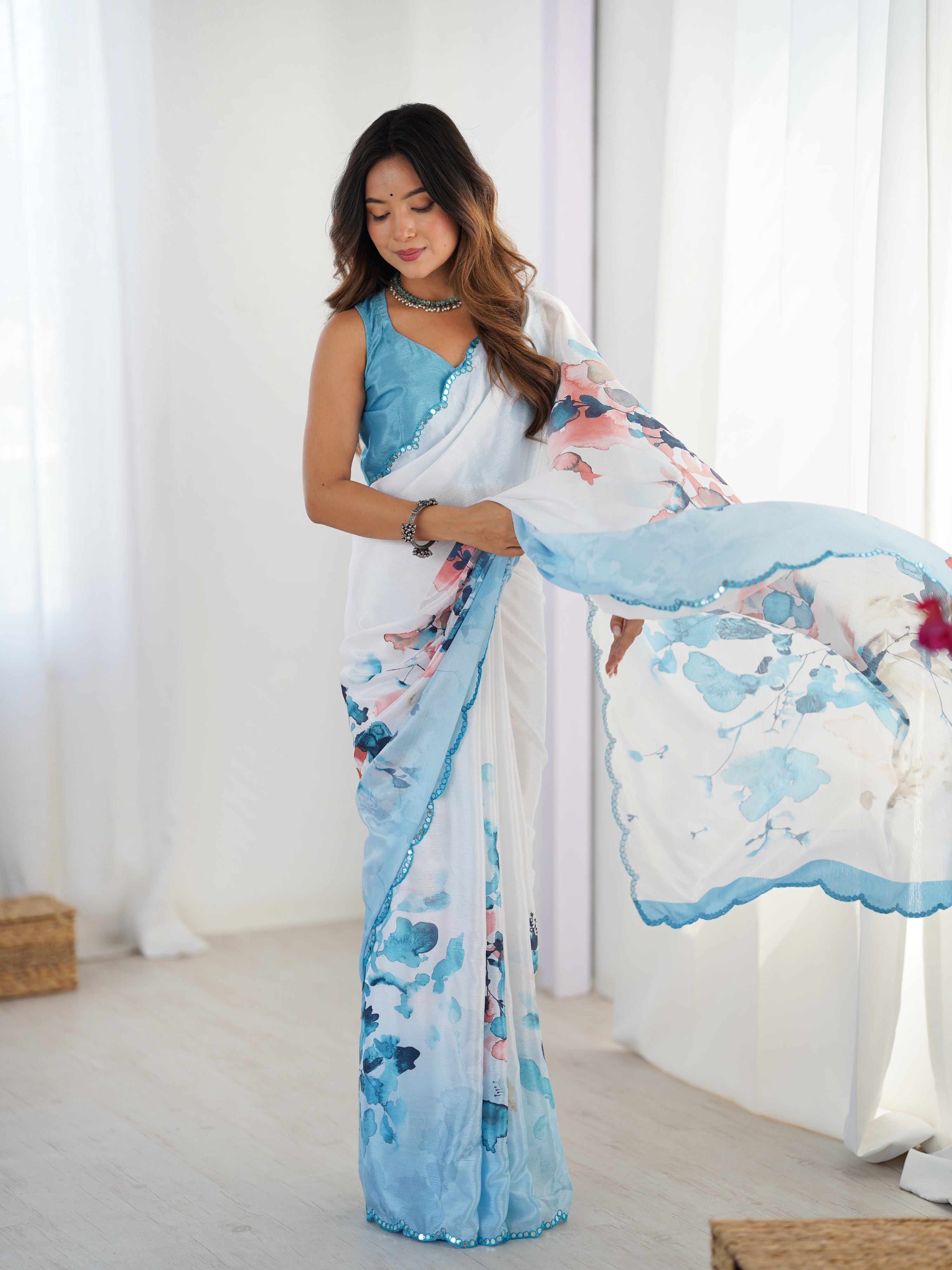 Sky Blue Chinon Digital Printed Designer Saree with Mirror Lace
