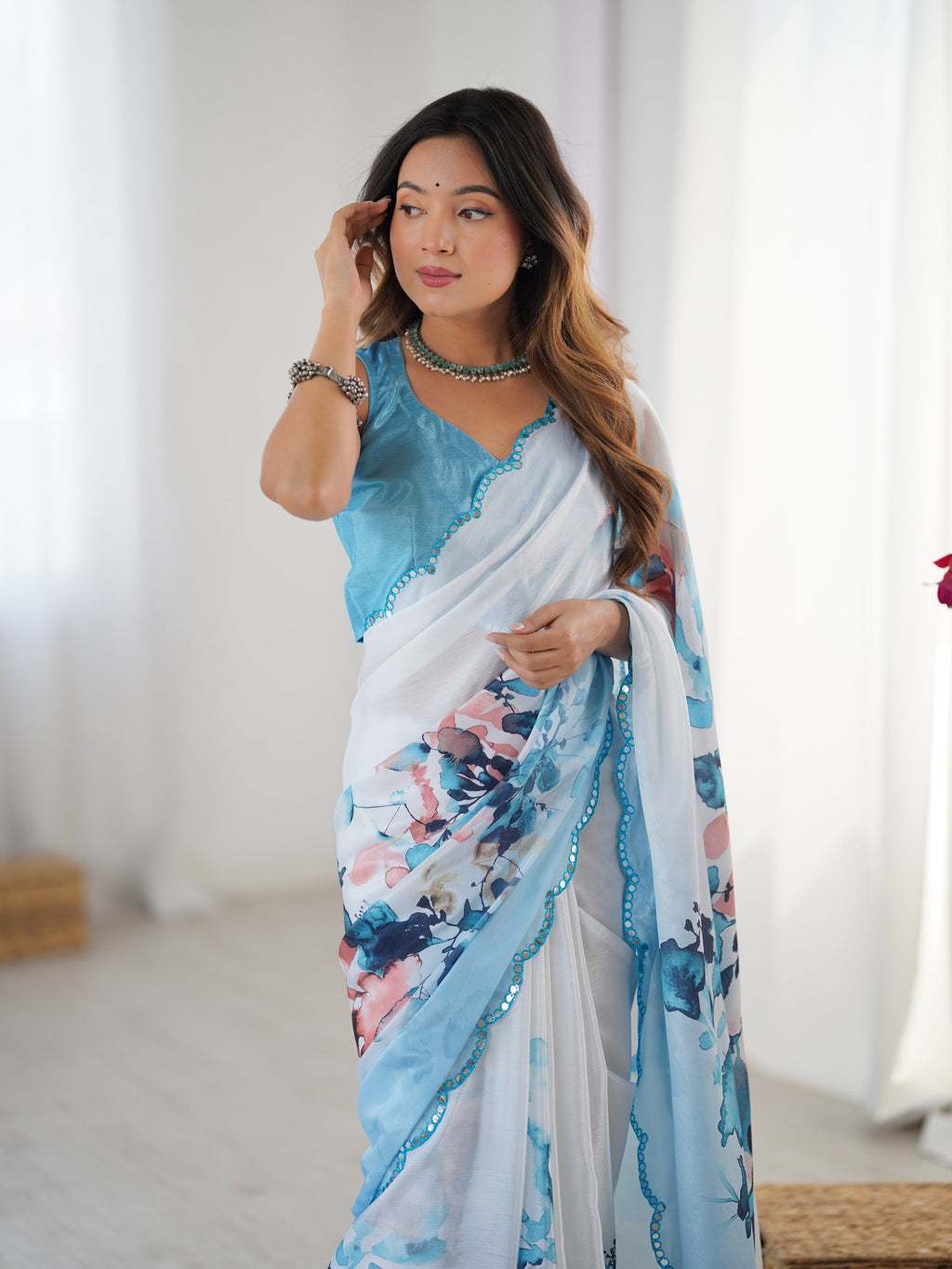 Sky Blue Chinon Digital Printed Designer Saree with Mirror Lace