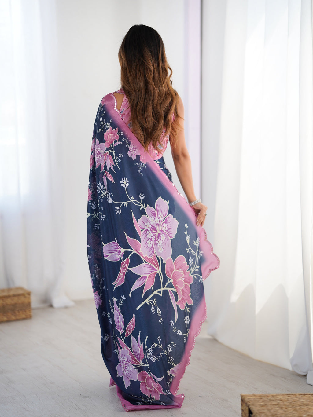 Navy Blue Chinon Digital Printed Designer Saree with Blouse