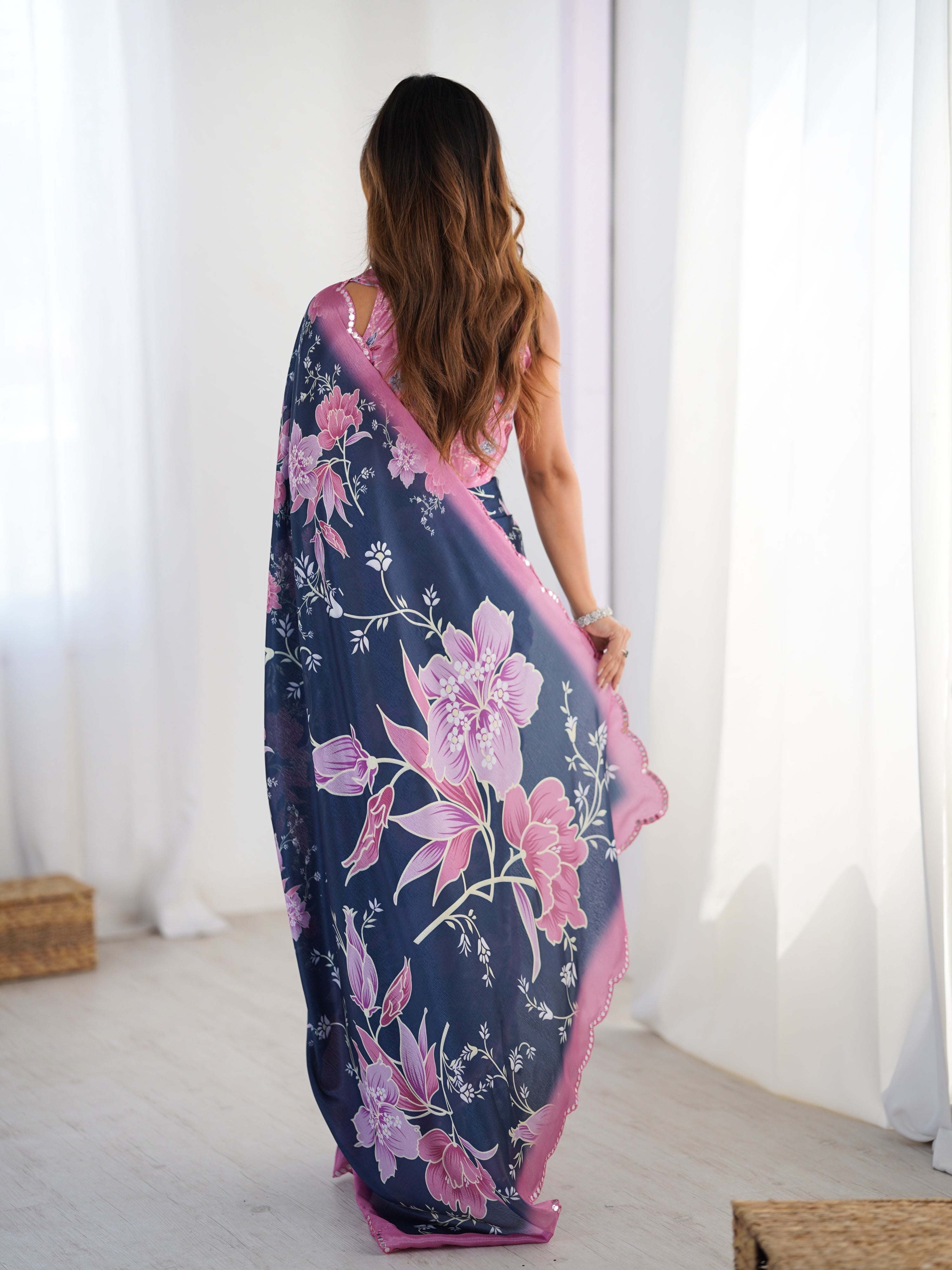 Navy Blue Chinon Digital Printed Designer Saree with Blouse