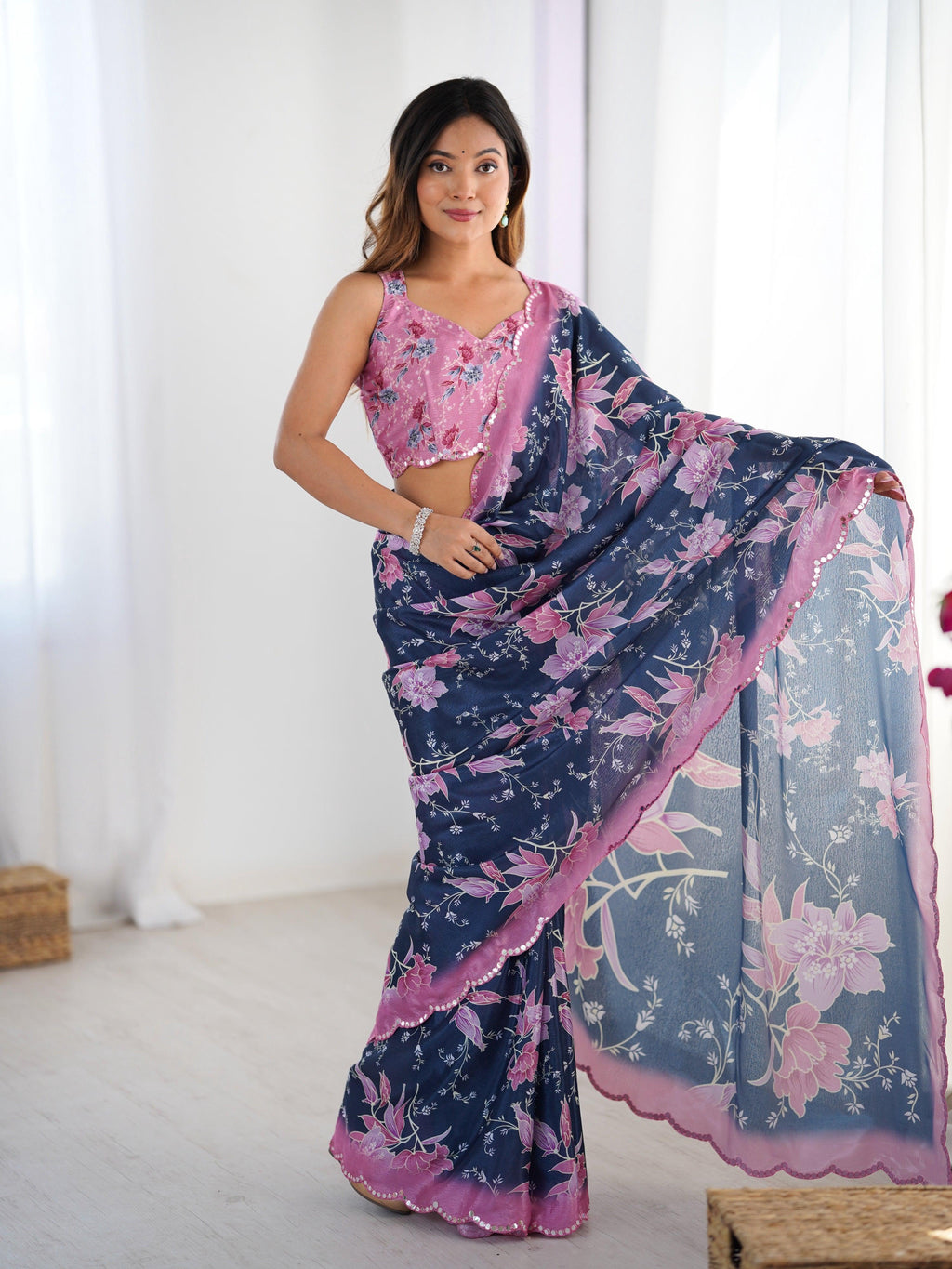 Navy blue Chinon saree with sophisticated digital print and mirror lace border