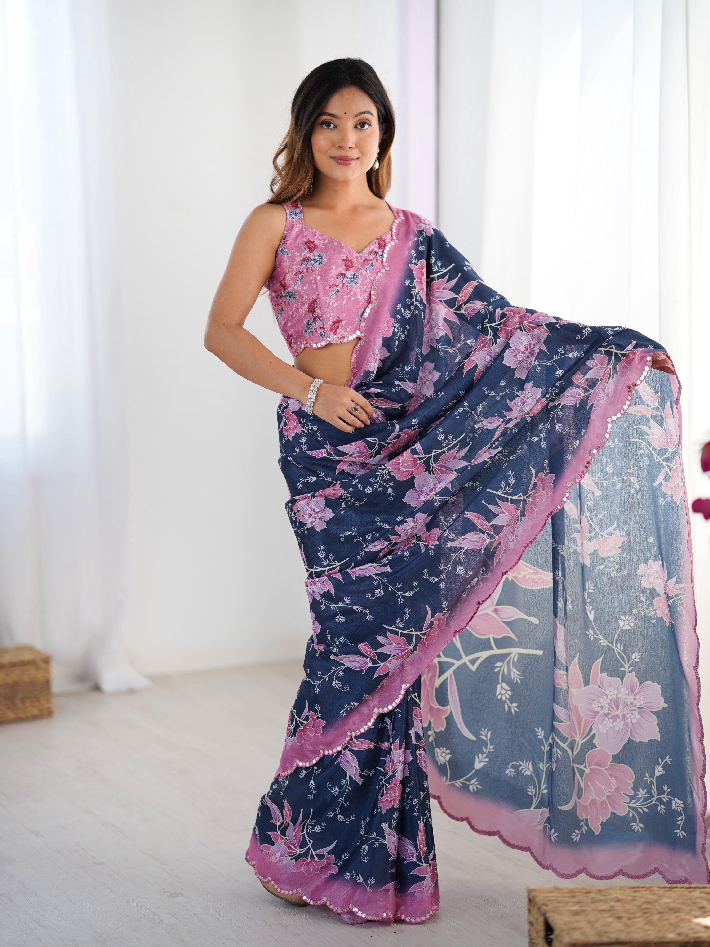 Navy blue Chinon saree with sophisticated digital print and mirror lace border