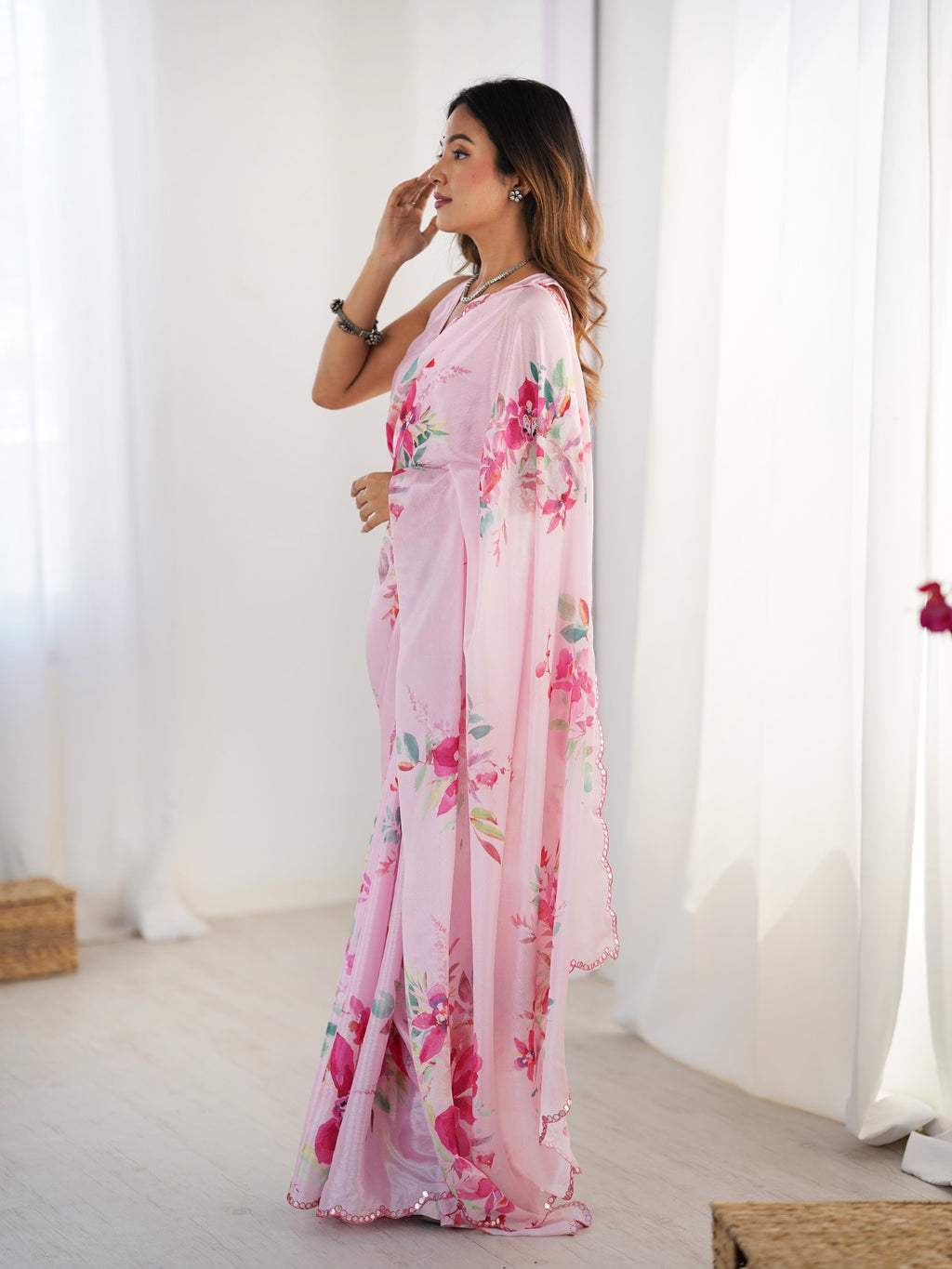 Baby Pink Chinon Designer Saree with Mirror Lace Border and Blouse