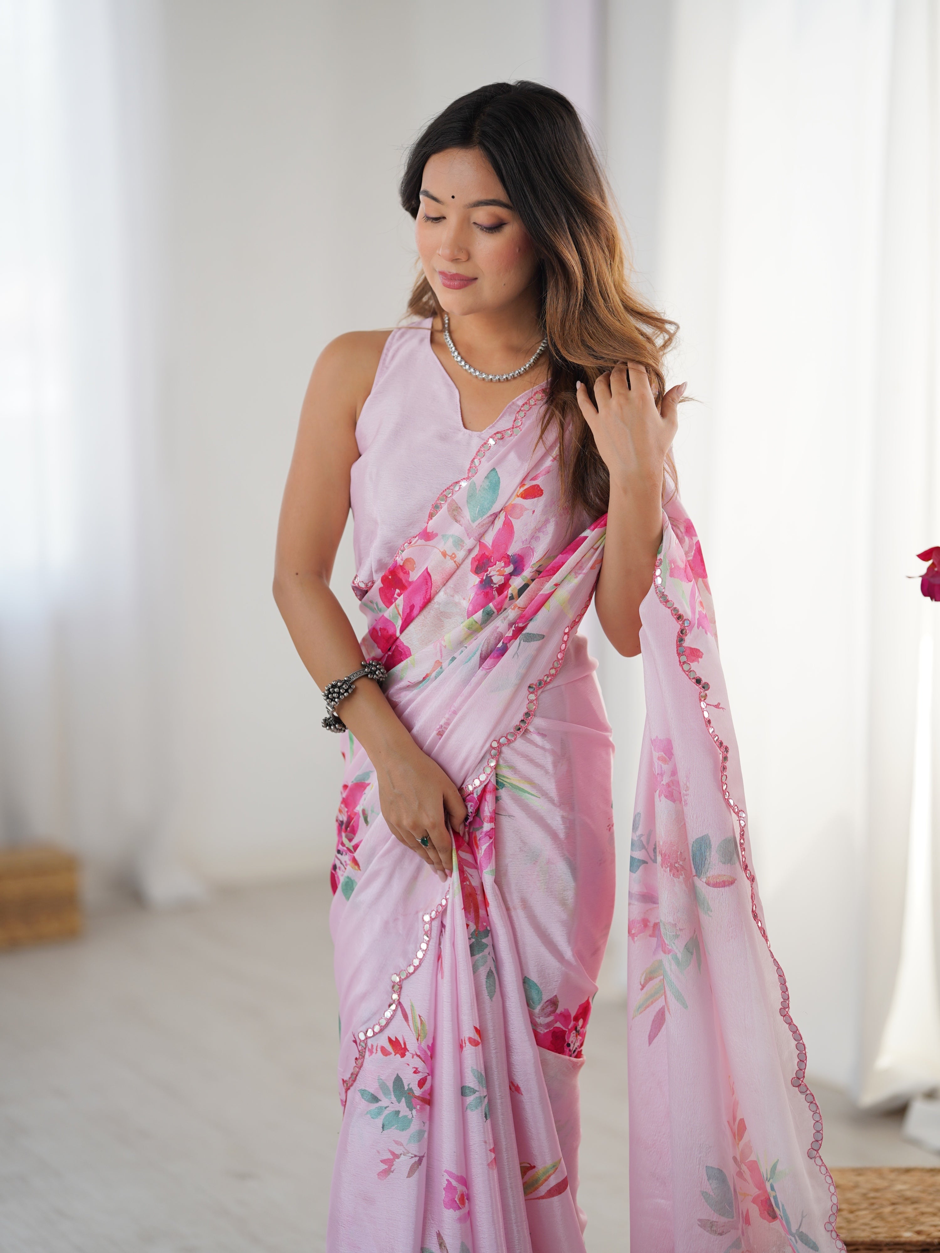 Baby Pink Chinon Designer Saree with Mirror Lace Border and Blouse