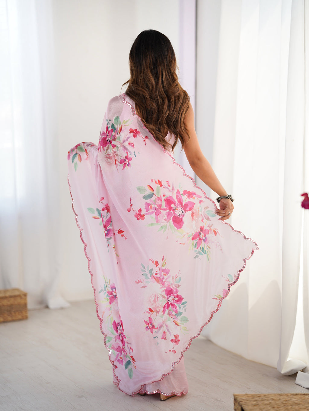 Baby Pink Chinon Designer Saree with Mirror Lace Border and Blouse