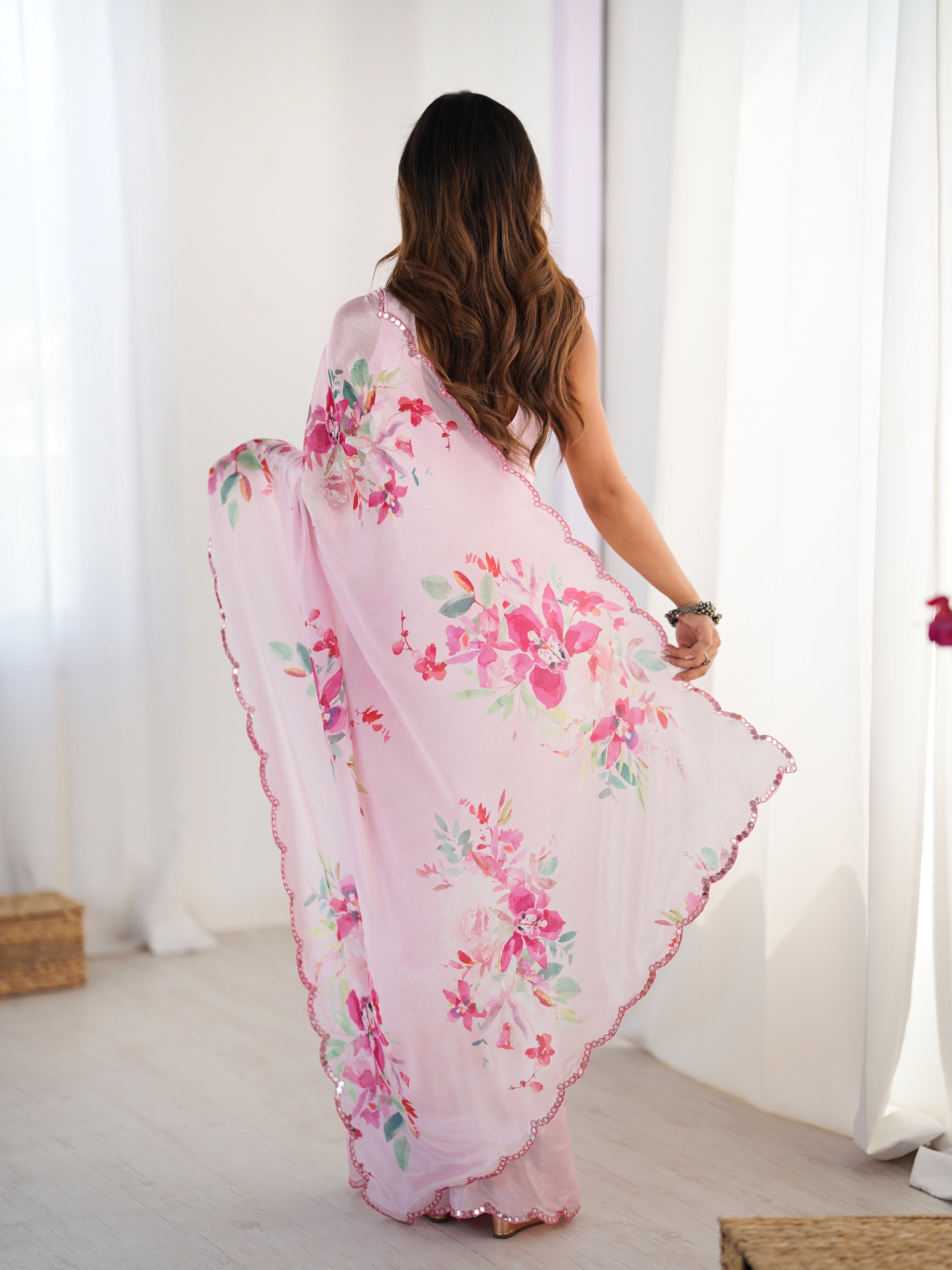 Baby Pink Chinon Designer Saree with Mirror Lace Border and Blouse