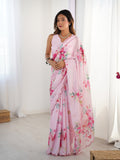 Baby Pink Chinon saree with digital prints and mirror lace border with matching unstitched blouse
