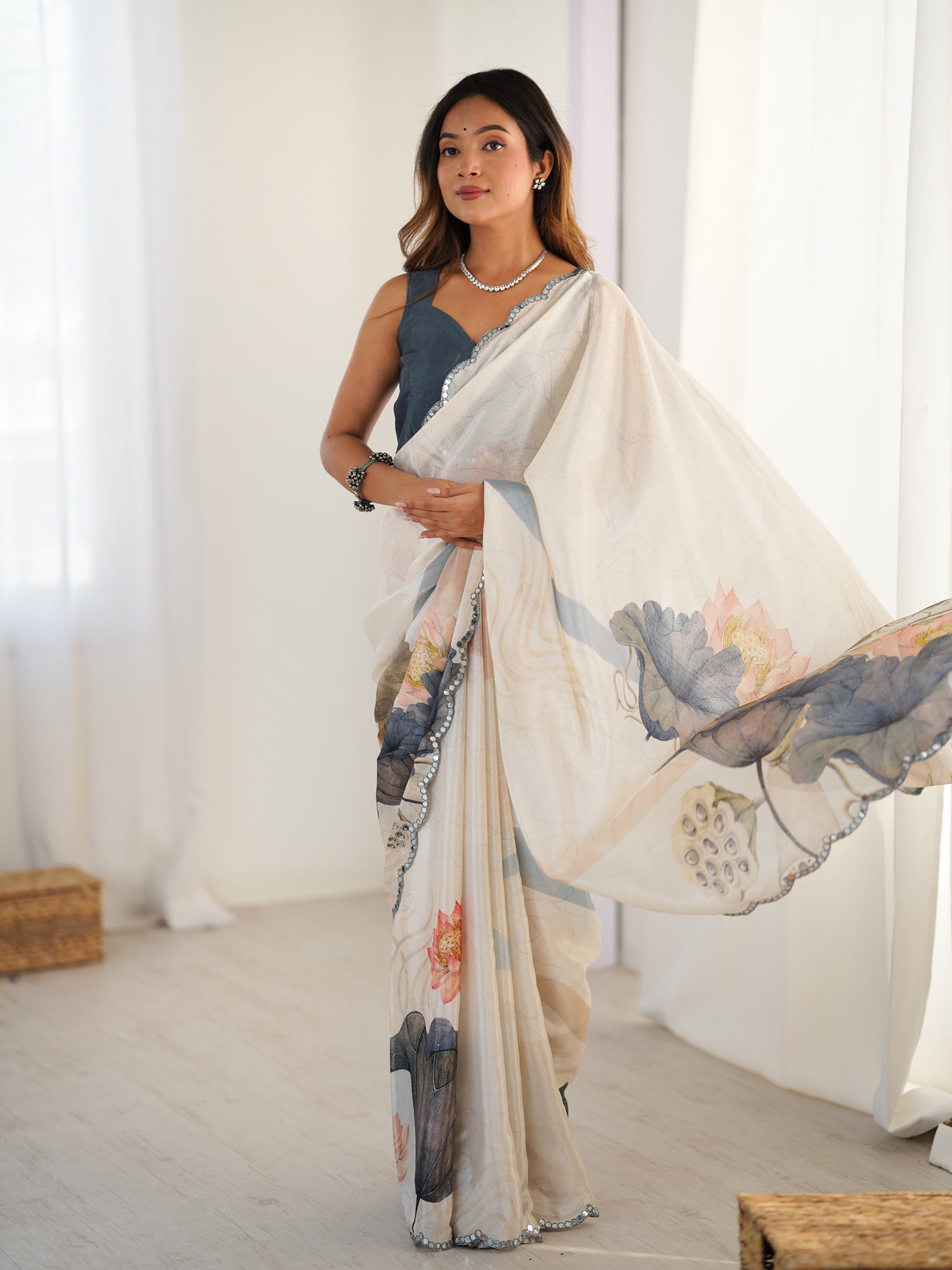 Off White Chinon Digital Printed Saree with Mirror Lace Border