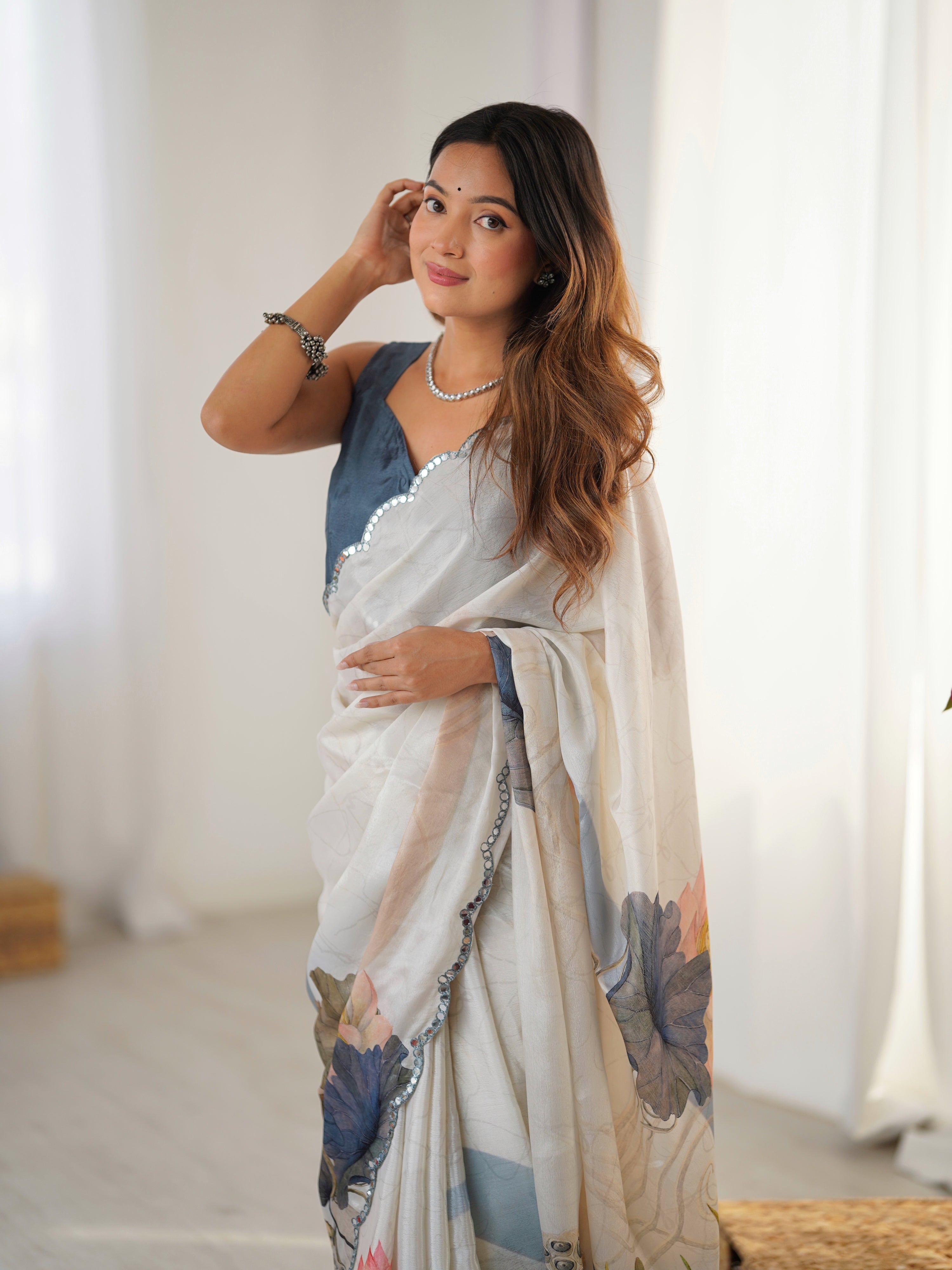 Off White Chinon Digital Printed Saree with Mirror Lace Border