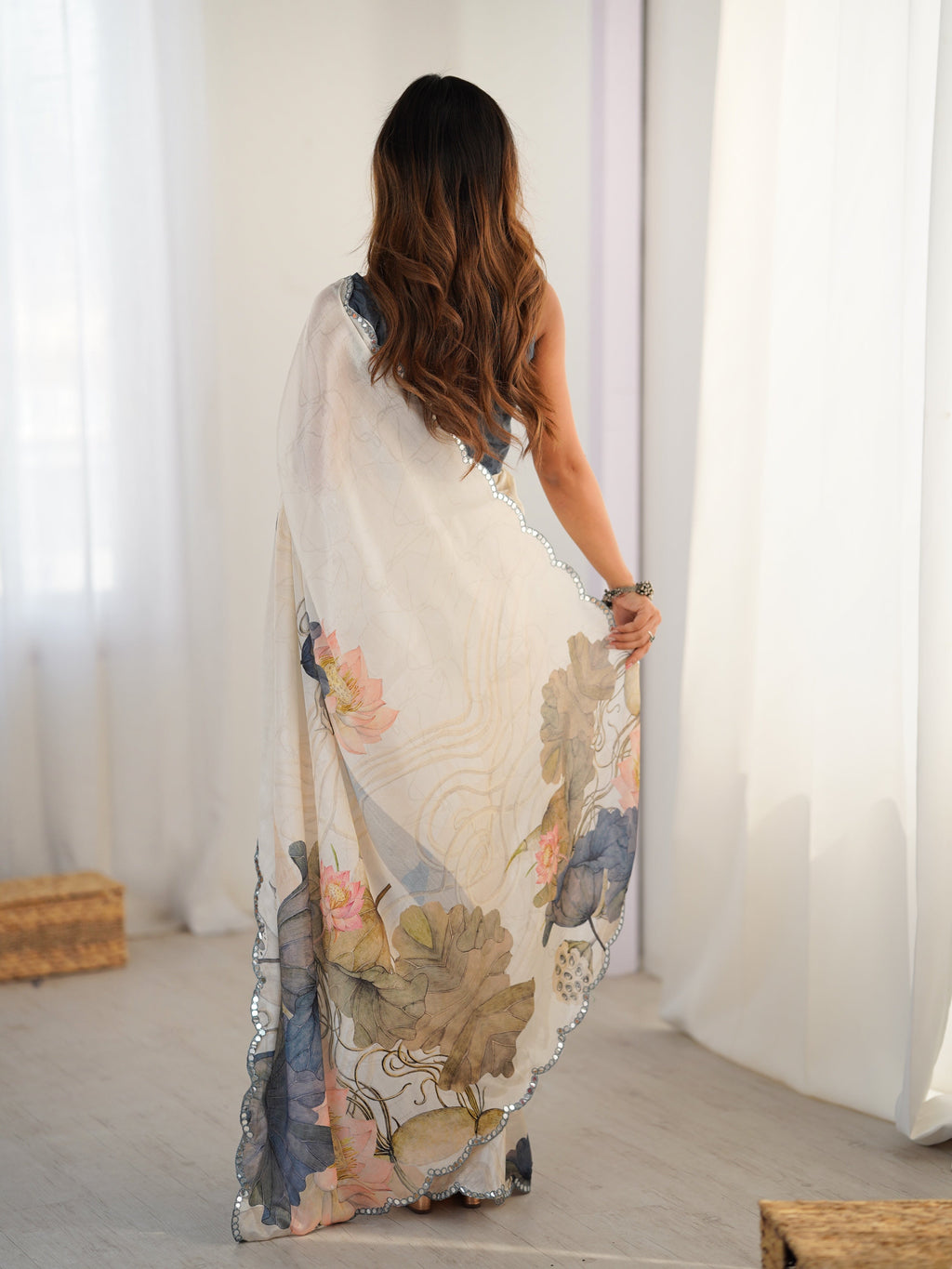 Off White Chinon Digital Printed Saree with Mirror Lace Border
