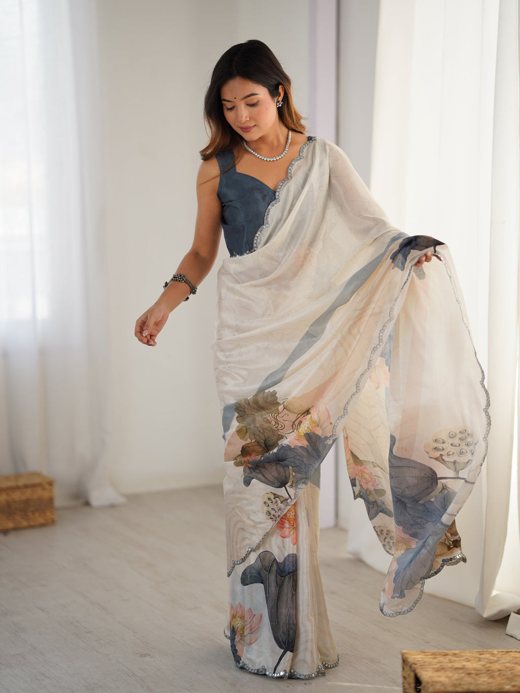Off White Chinon Digital Printed Saree with Mirror Lace Border
