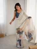 Off White Chinon Digital Printed Saree with Mirror Lace Border