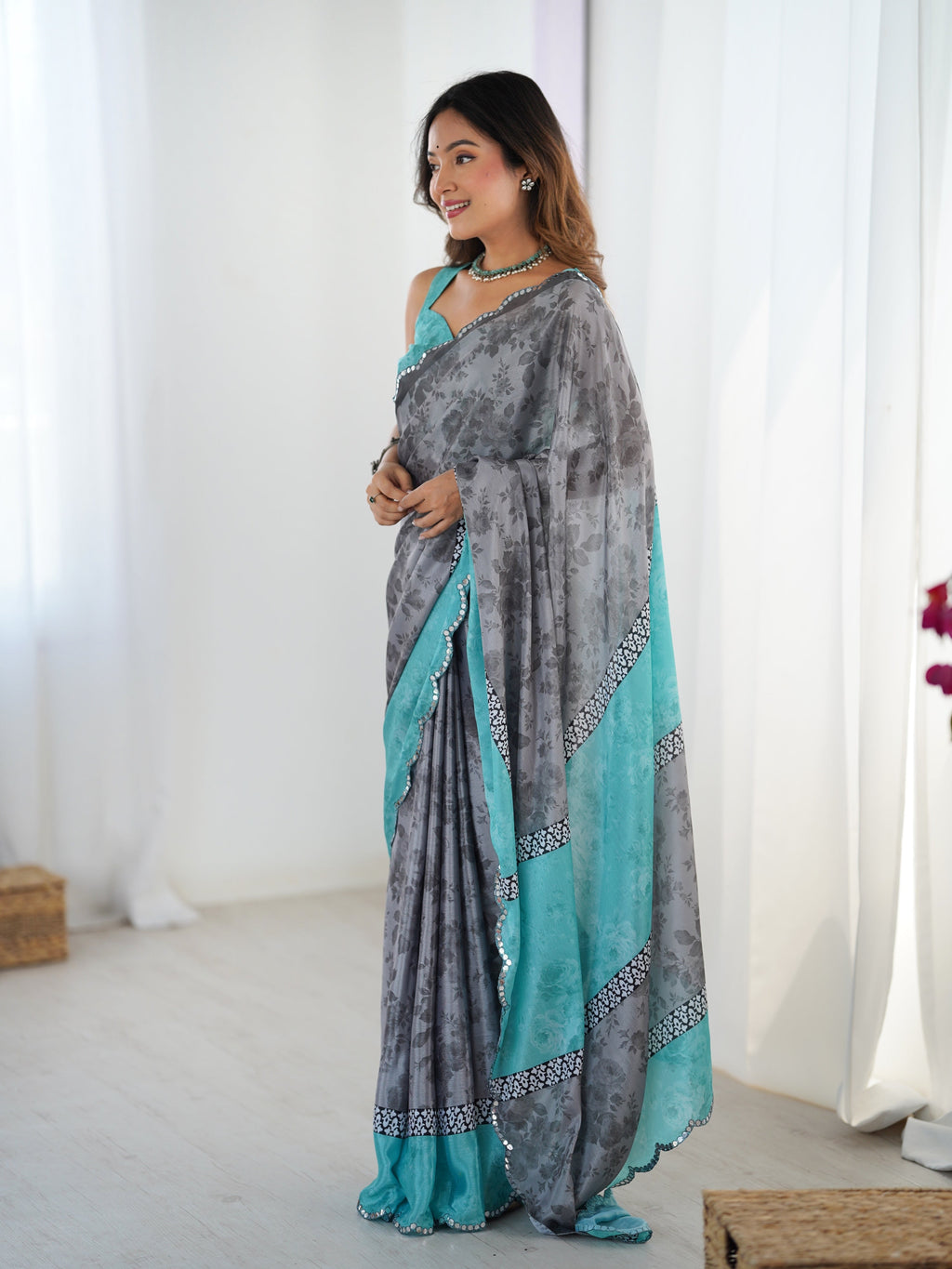 Grey Chinon Digital Printed Designer Saree with Mirror Lace