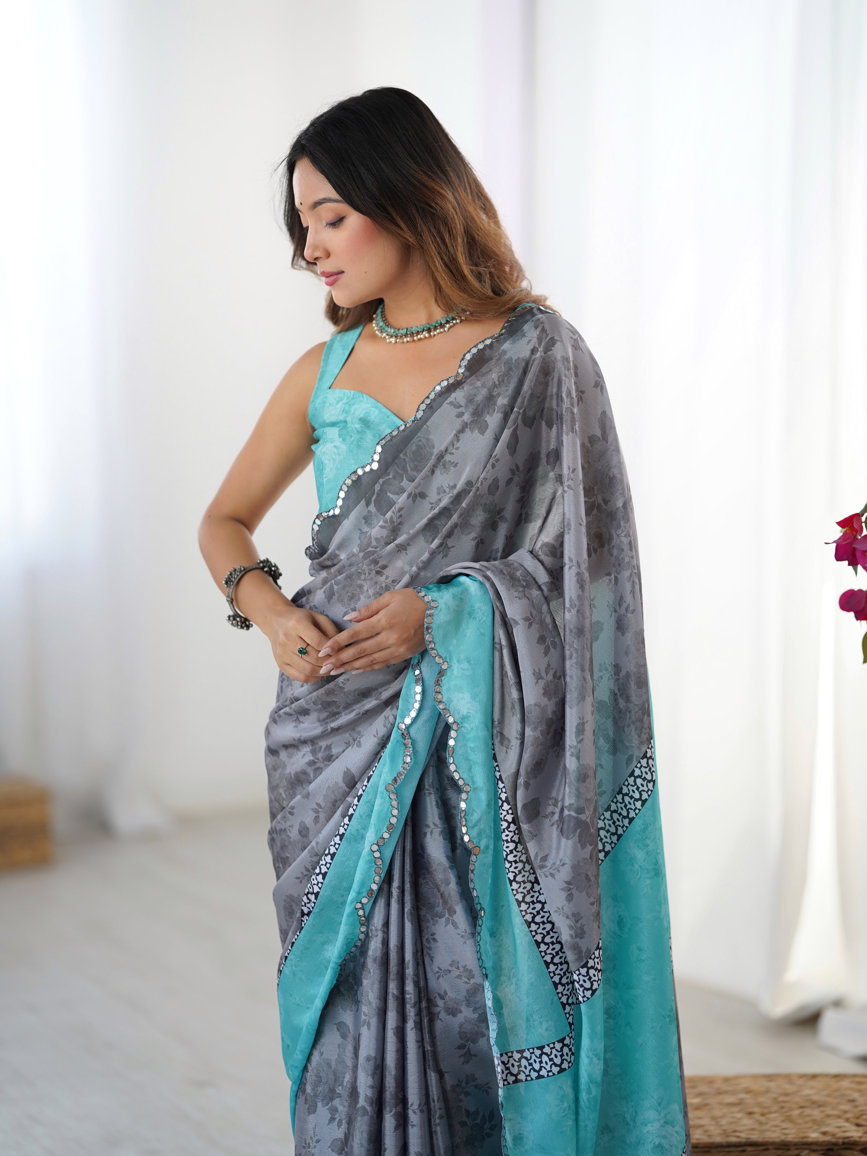 Grey Chinon Digital Printed Designer Saree with Mirror Lace