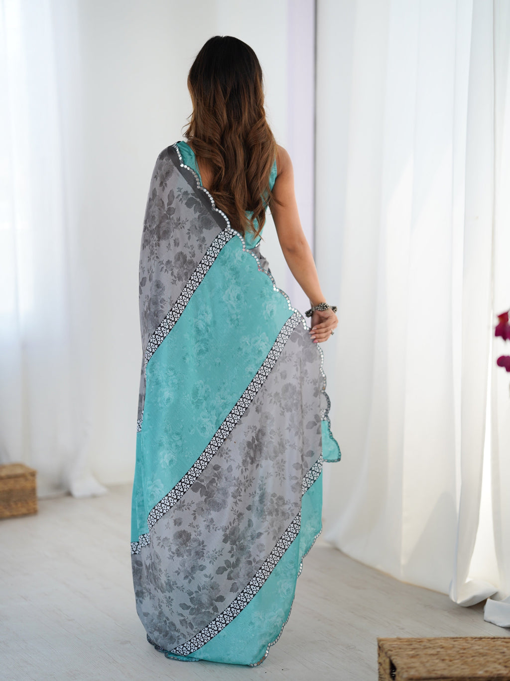 Grey Chinon Digital Printed Designer Saree with Mirror Lace