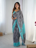 Elegant grey Chinon digital printed saree with a decorative mirror lace border
