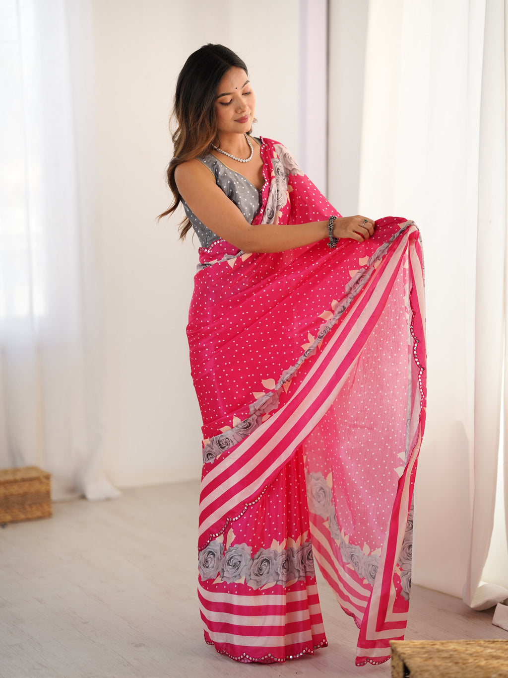 Pink Chinon Digital Printed Designer Saree with Mirror Border
