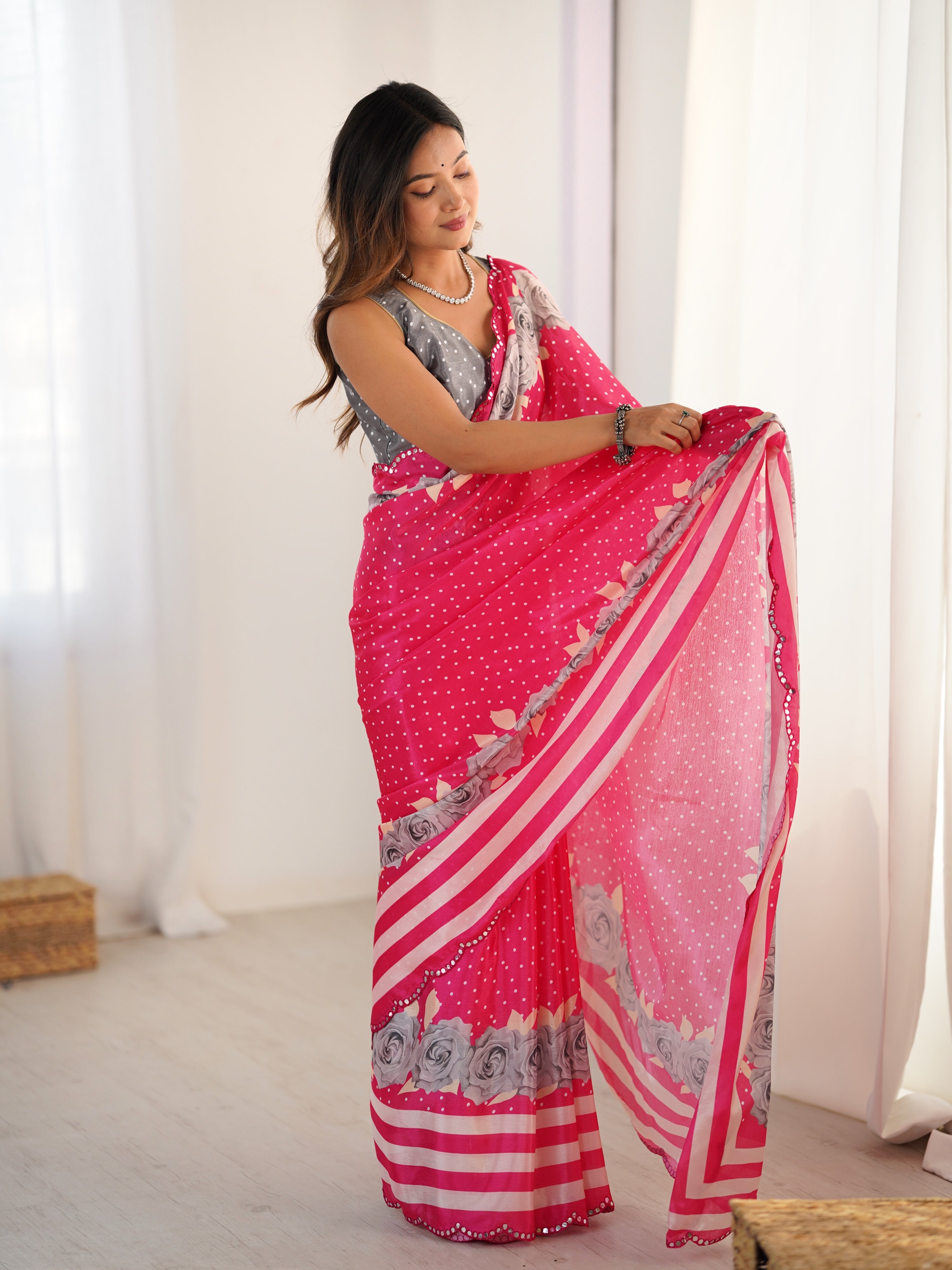 Pink Chinon Digital Printed Designer Saree with Mirror Border