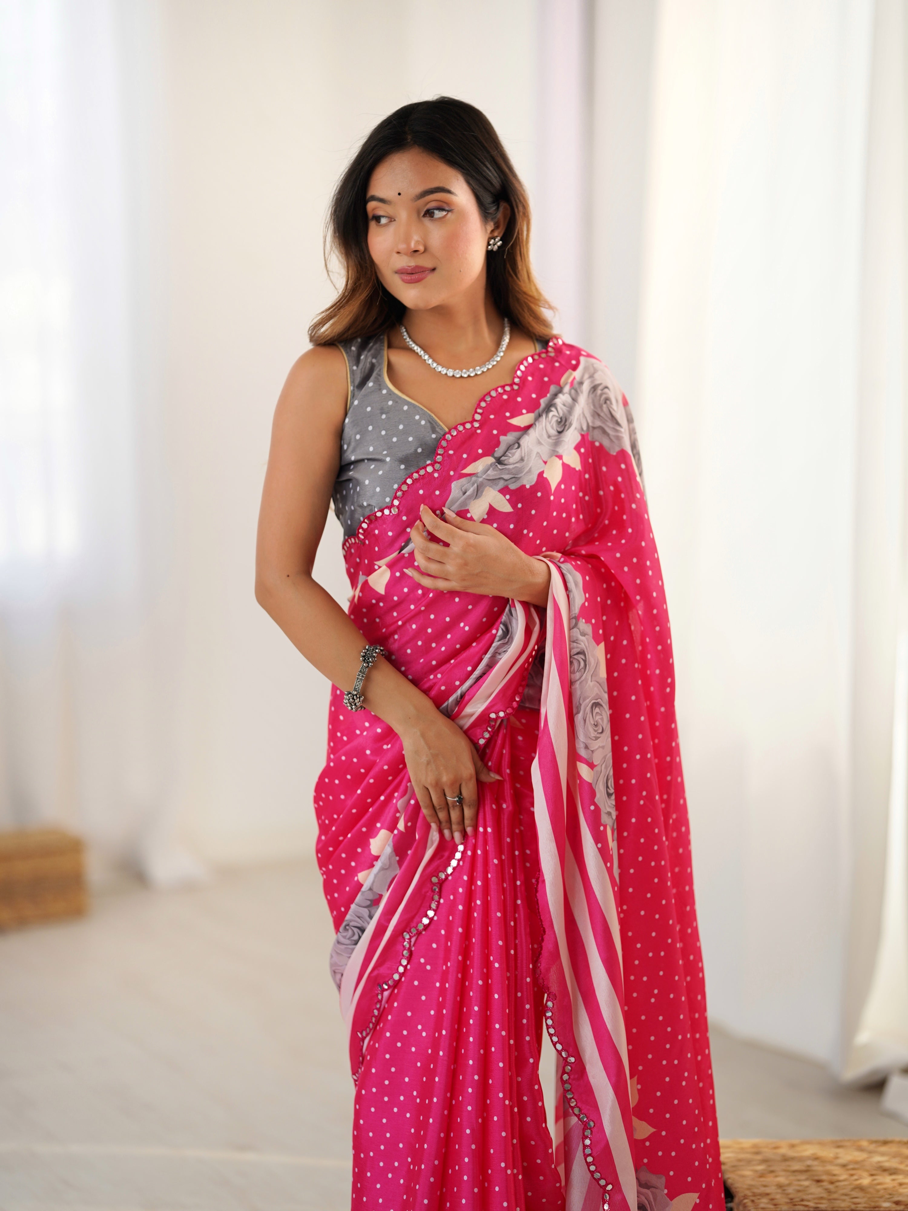 Pink Chinon Digital Printed Designer Saree with Mirror Border