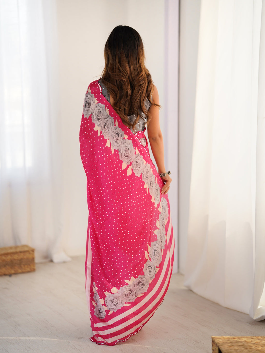 Pink Chinon Digital Printed Designer Saree with Mirror Border