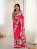 Pink digital printed Chinon saree with mirror lace border