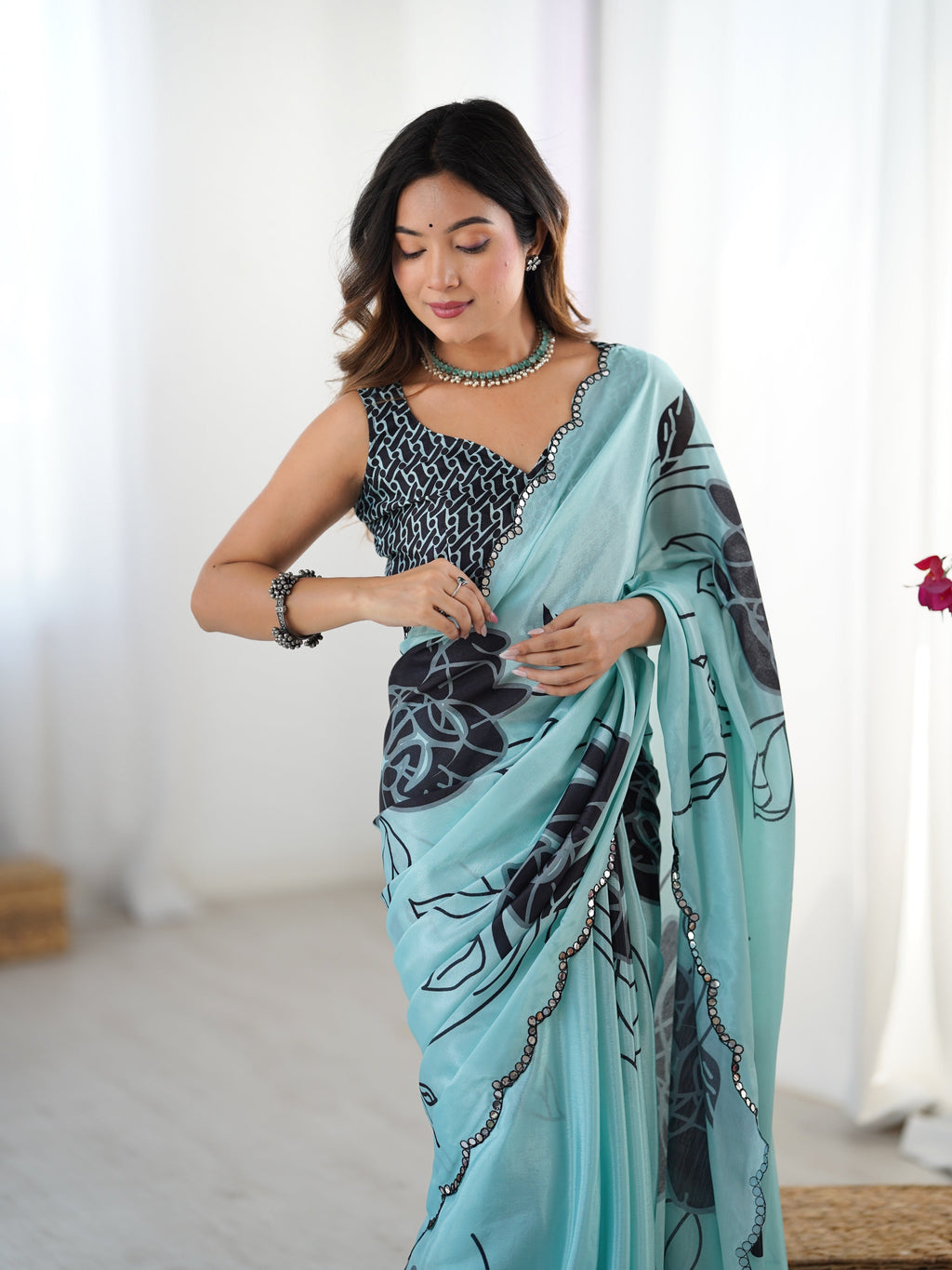 Sea Green Chinon Digital Printed Designer Saree with Border