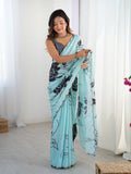 Sea Green Chinon Digital Printed Designer Saree with Border