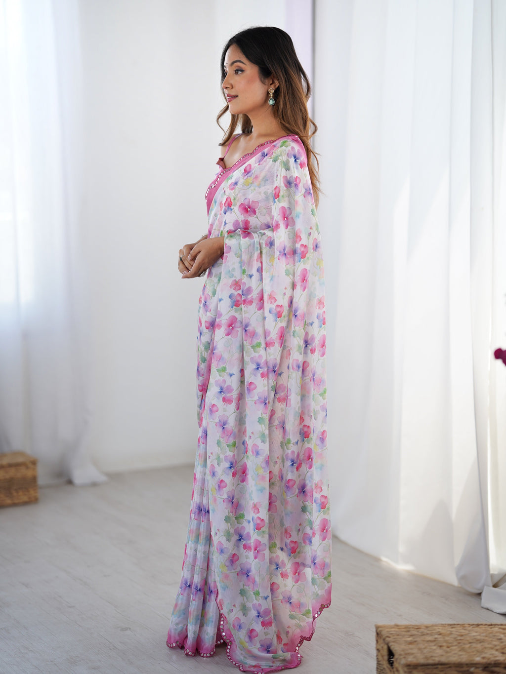 Multicolor Chinon Digital Printed Saree with Mirror Lace Border