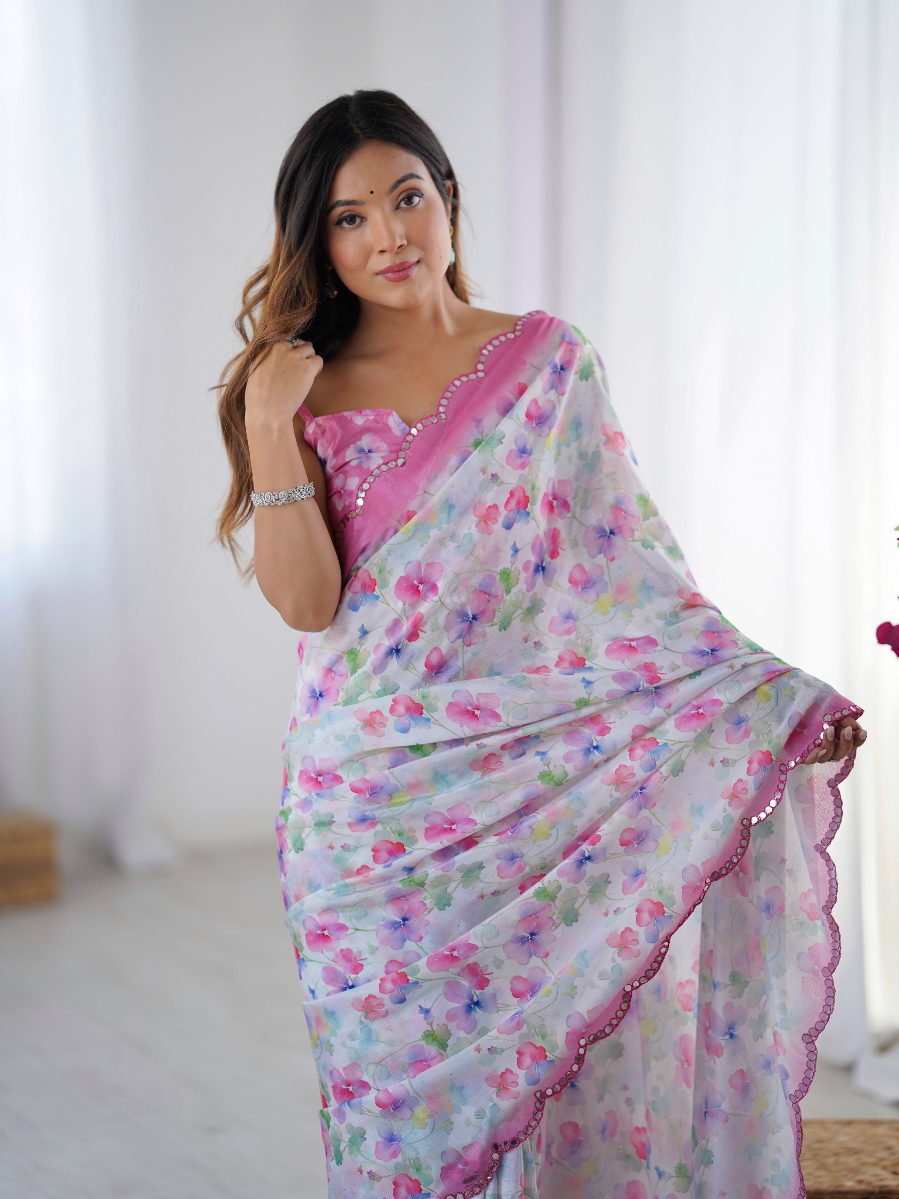Multicolor Chinon Digital Printed Saree with Mirror Lace Border