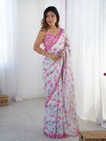 Multicolor Chinon digital printed designer saree with mirror lace border
