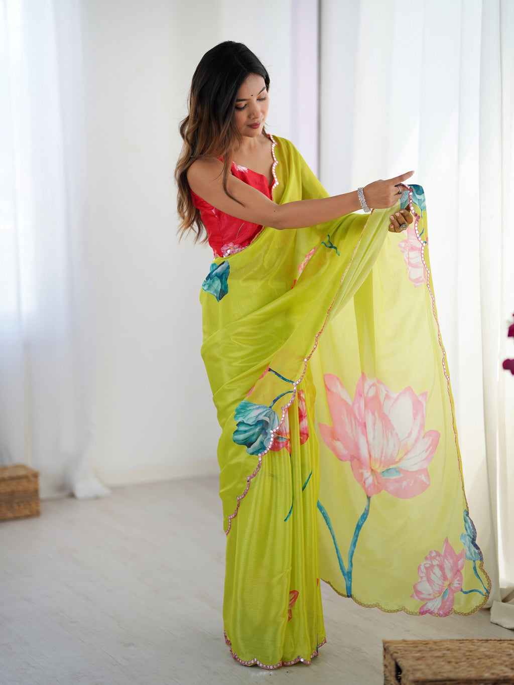 Parrot Green Chinon Digital Printed Saree with Mirror Lace