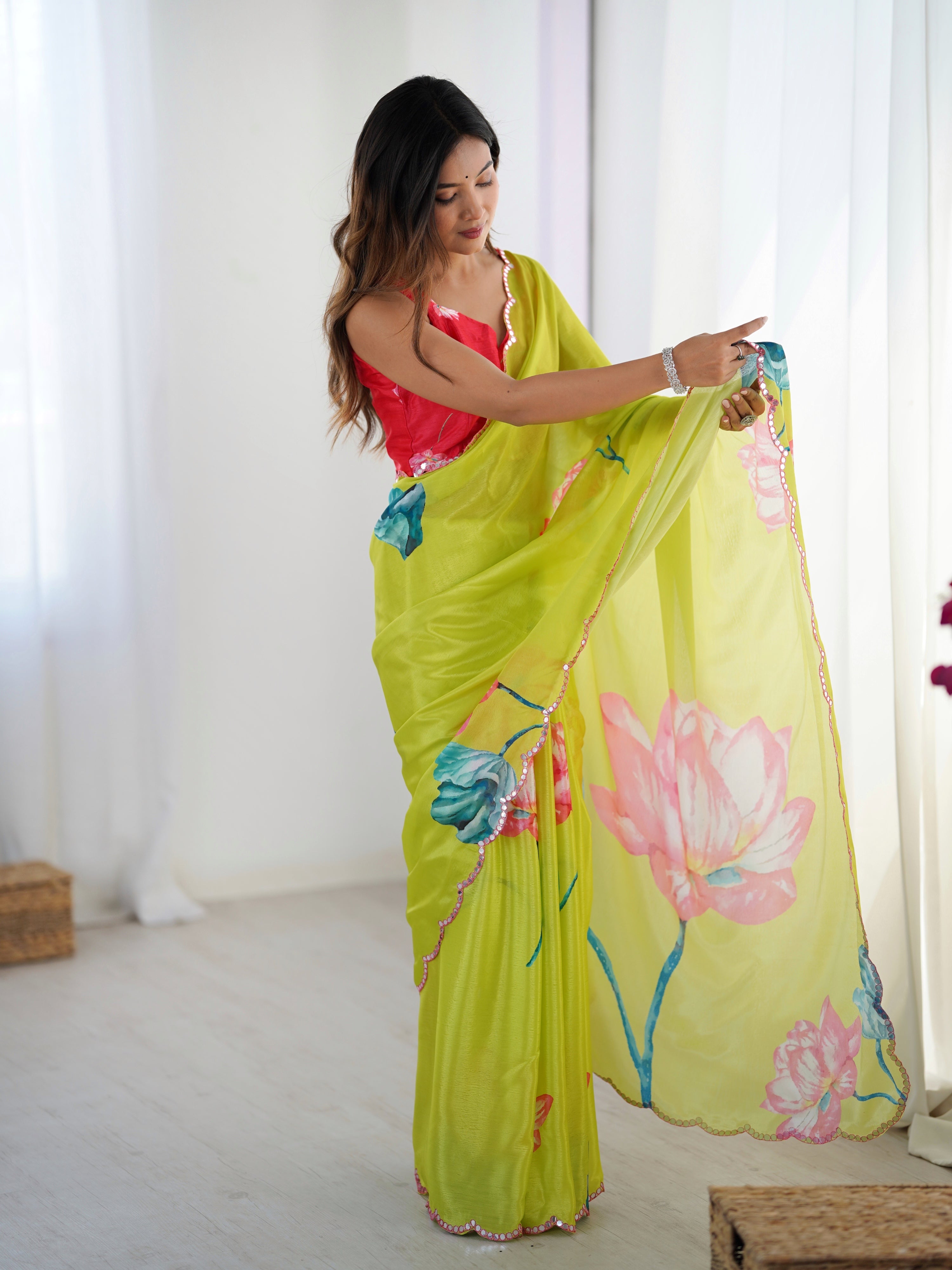 Parrot Green Chinon Digital Printed Saree with Mirror Lace