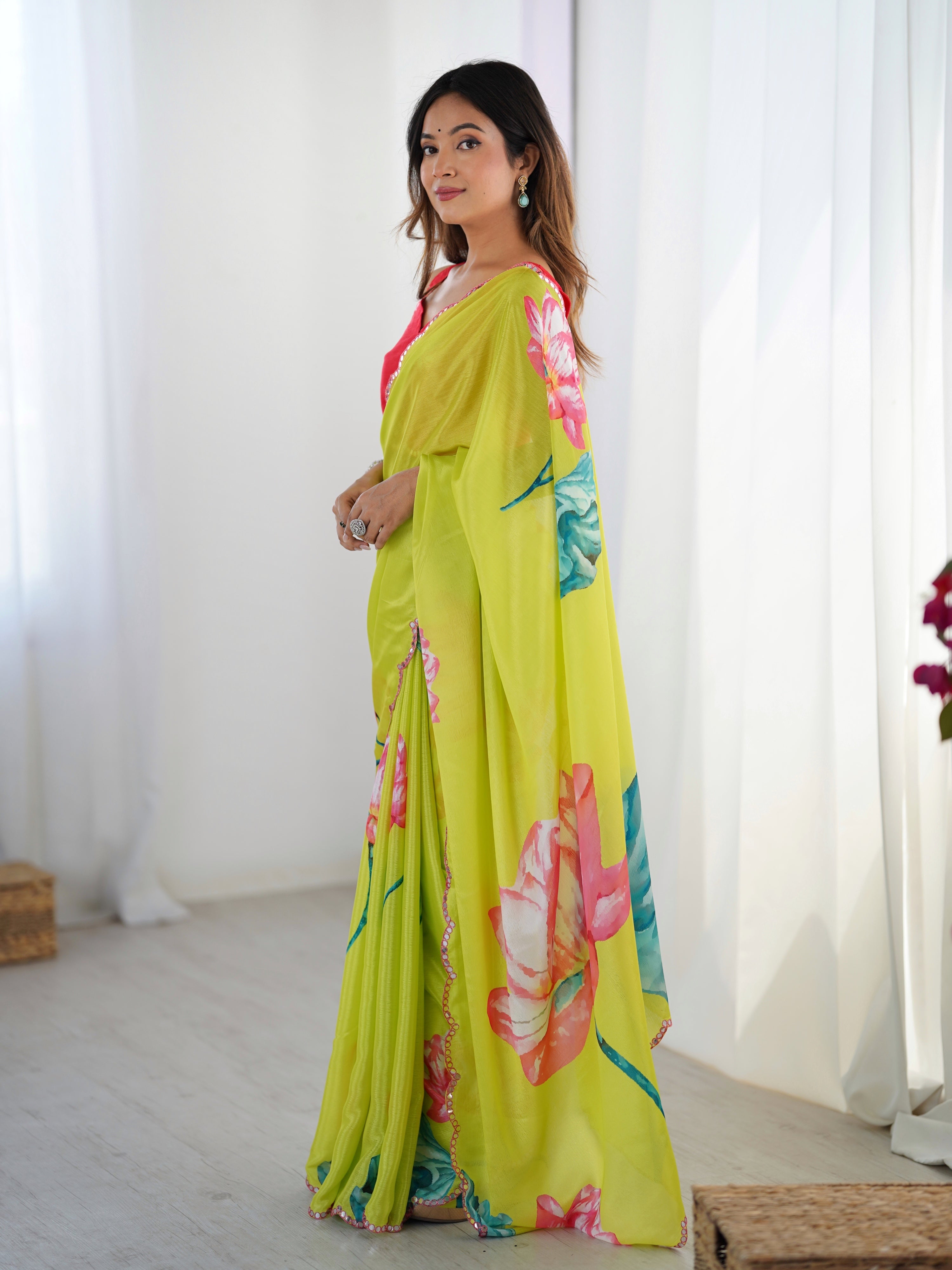 Parrot Green Chinon Digital Printed Saree with Mirror Lace