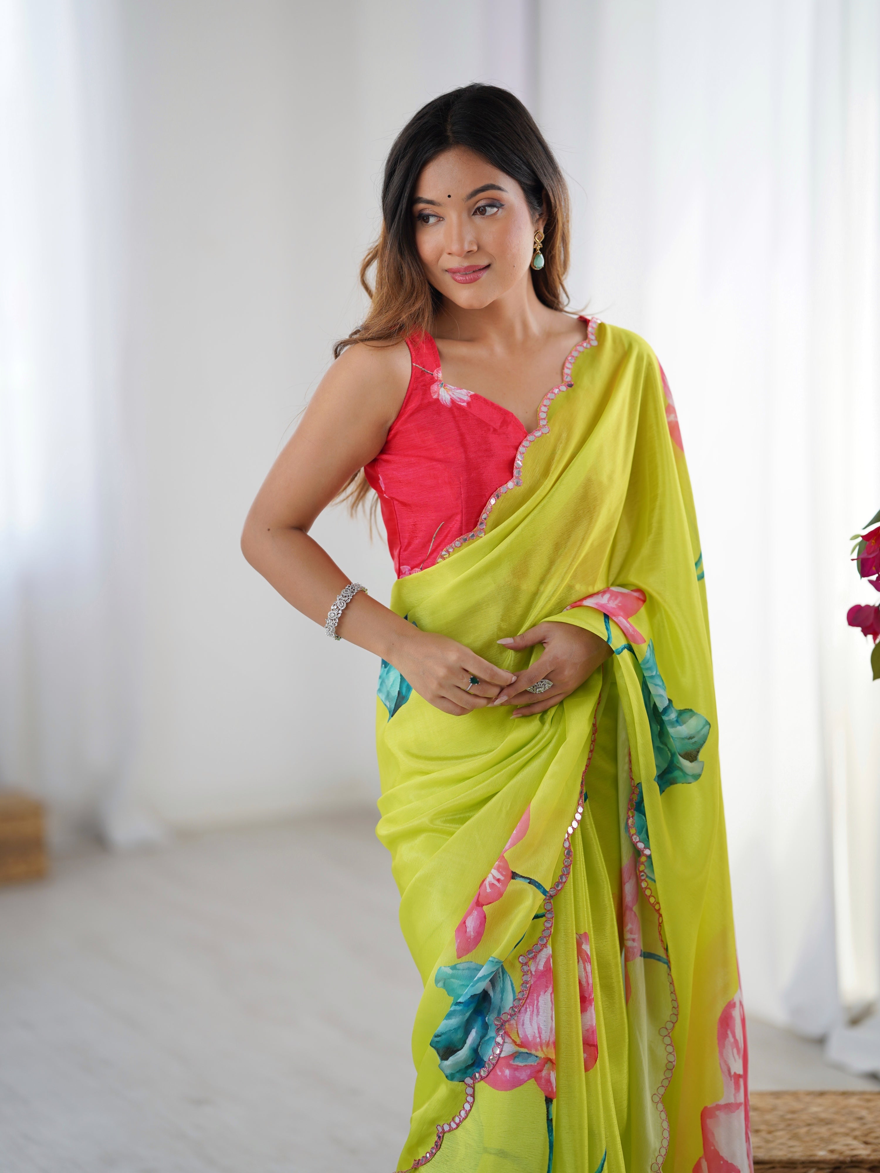 Parrot Green Chinon Digital Printed Saree with Mirror Lace