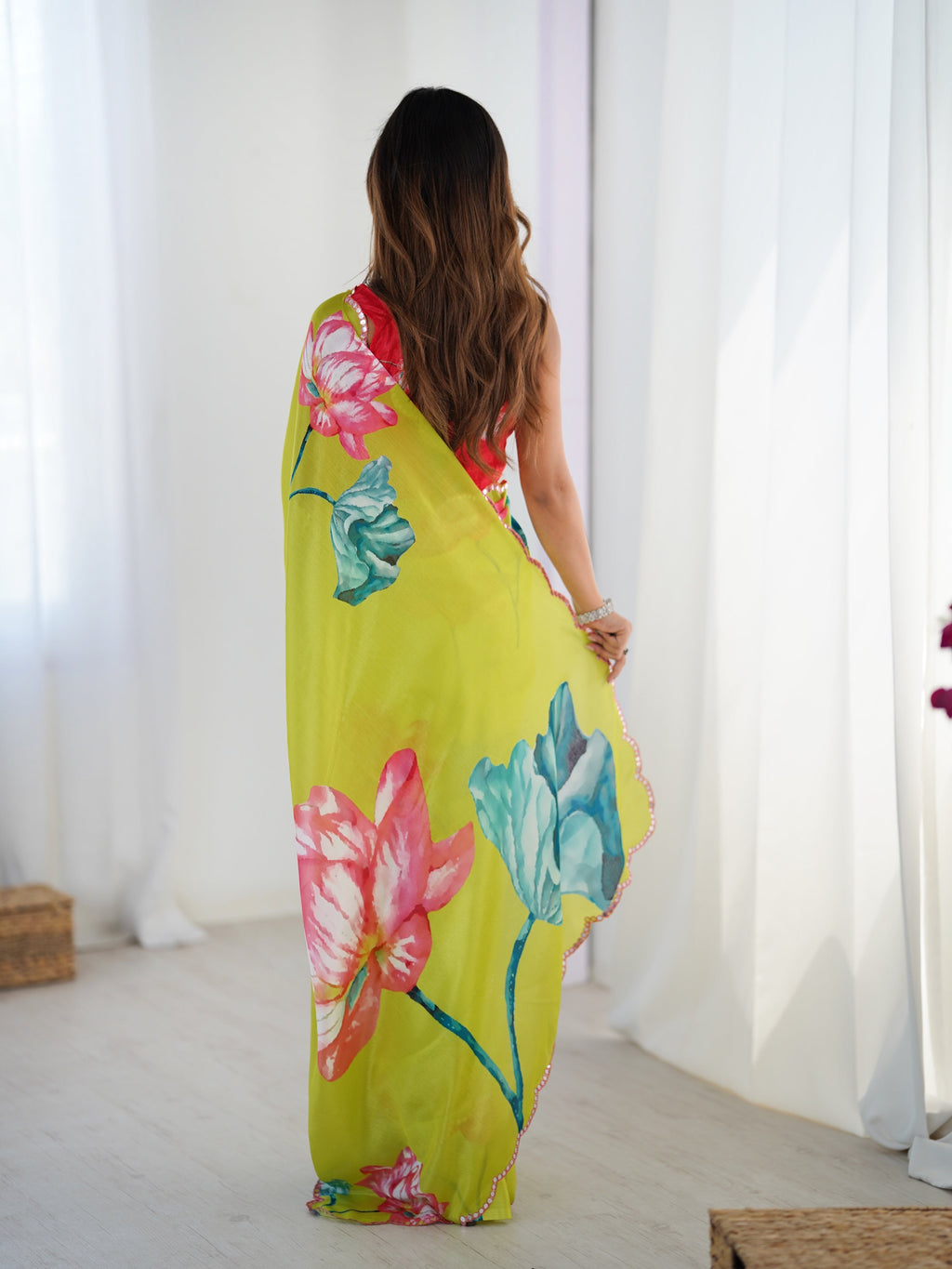 Parrot Green Chinon Digital Printed Saree with Mirror Lace