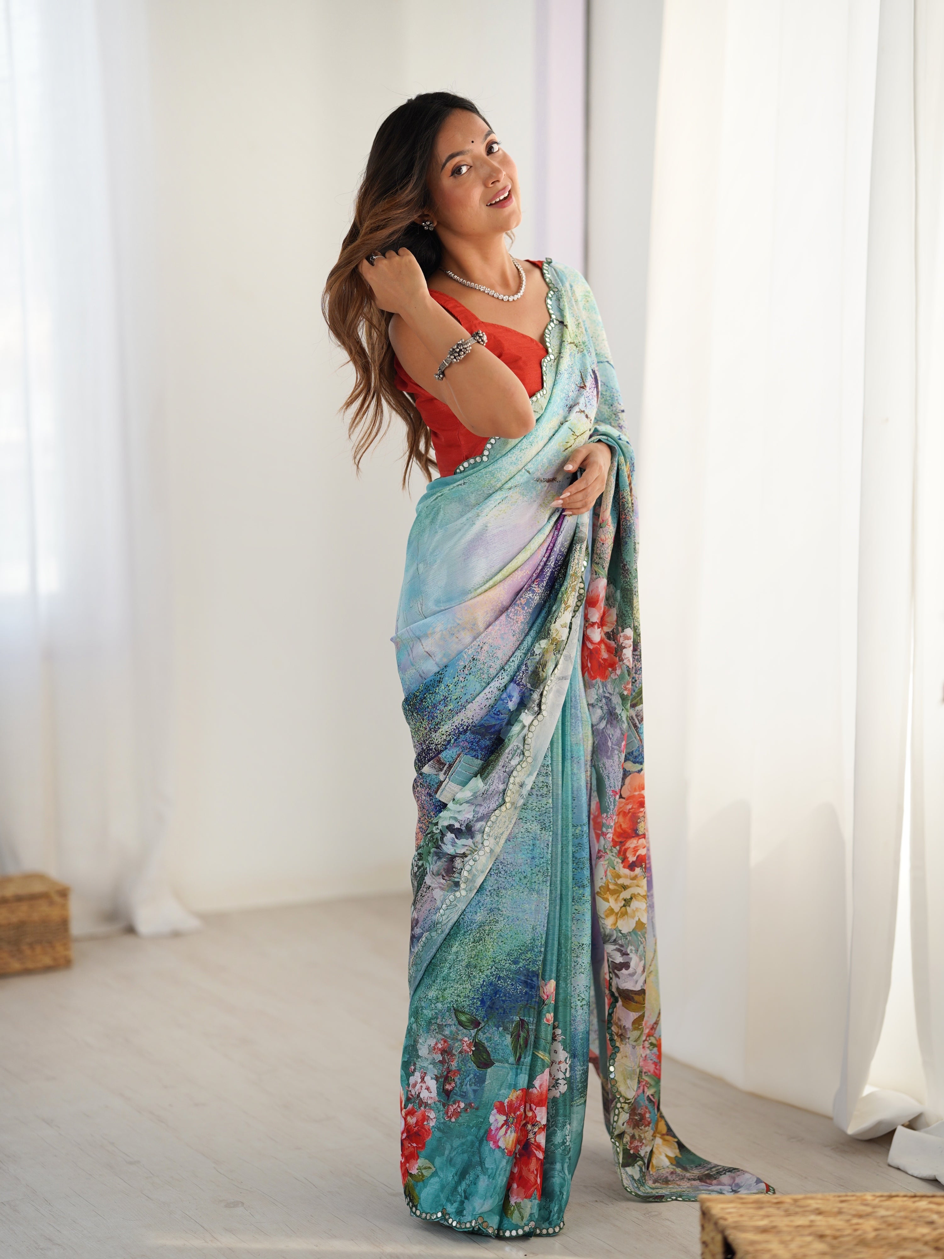 Women's Multicolor Chinon Digital Printed Designer Saree & Blouse