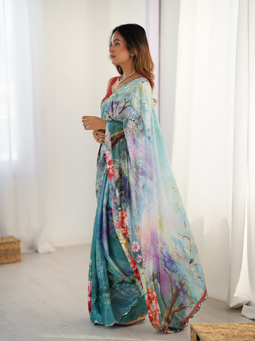 Women's Multicolor Chinon Digital Printed Designer Saree & Blouse