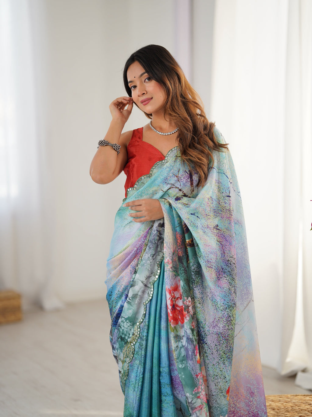 Women's Multicolor Chinon Digital Printed Designer Saree & Blouse