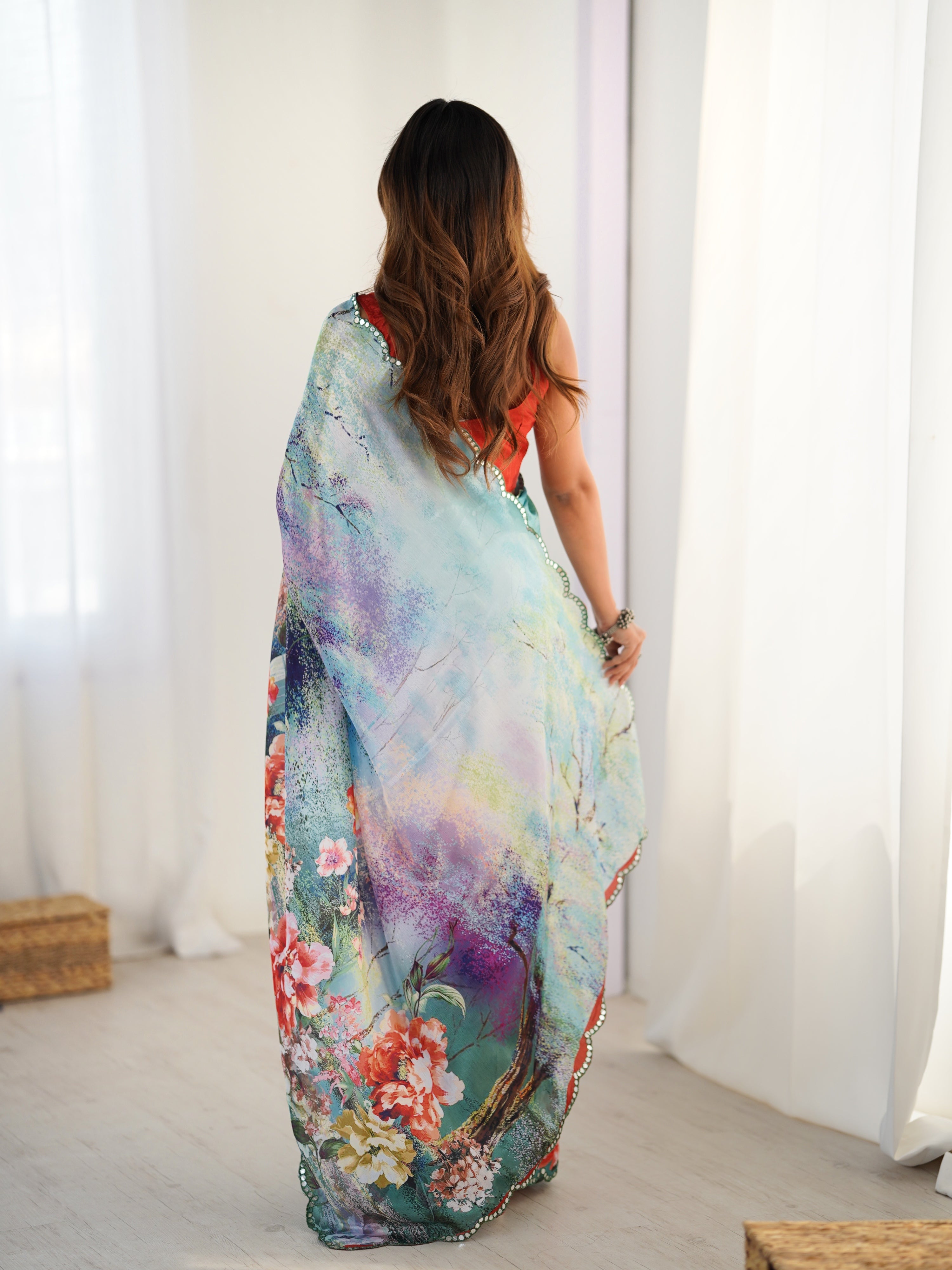 Women's Multicolor Chinon Digital Printed Designer Saree & Blouse