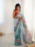Multicolor Chinon digital printed designer saree with mirror lace border and red unstitched blouse