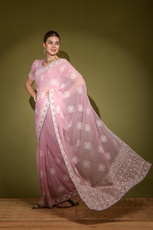Purple Georgette Saree with Traditional Lakhnavi Thread Work
