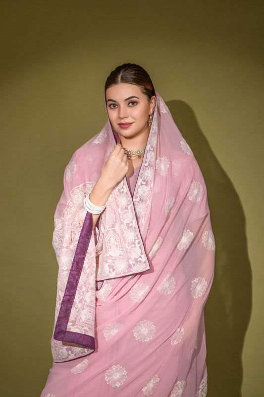 Purple Georgette Saree with Traditional Lakhnavi Thread Work