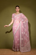 Purple georgette saree with intricate white Lakhnavi thread work