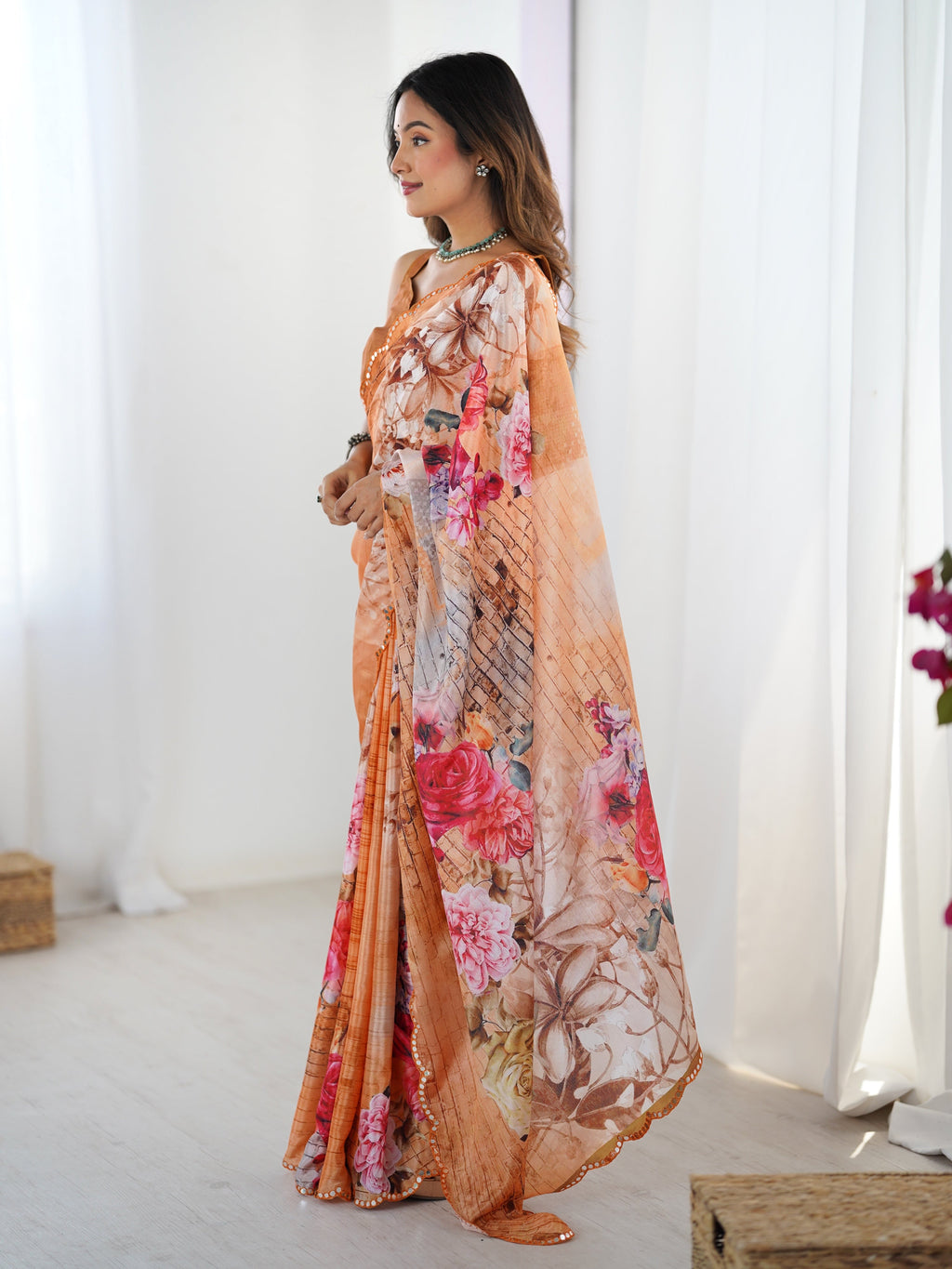 Multicolor Chinon Digital Printed Designer Saree with Mirror Border