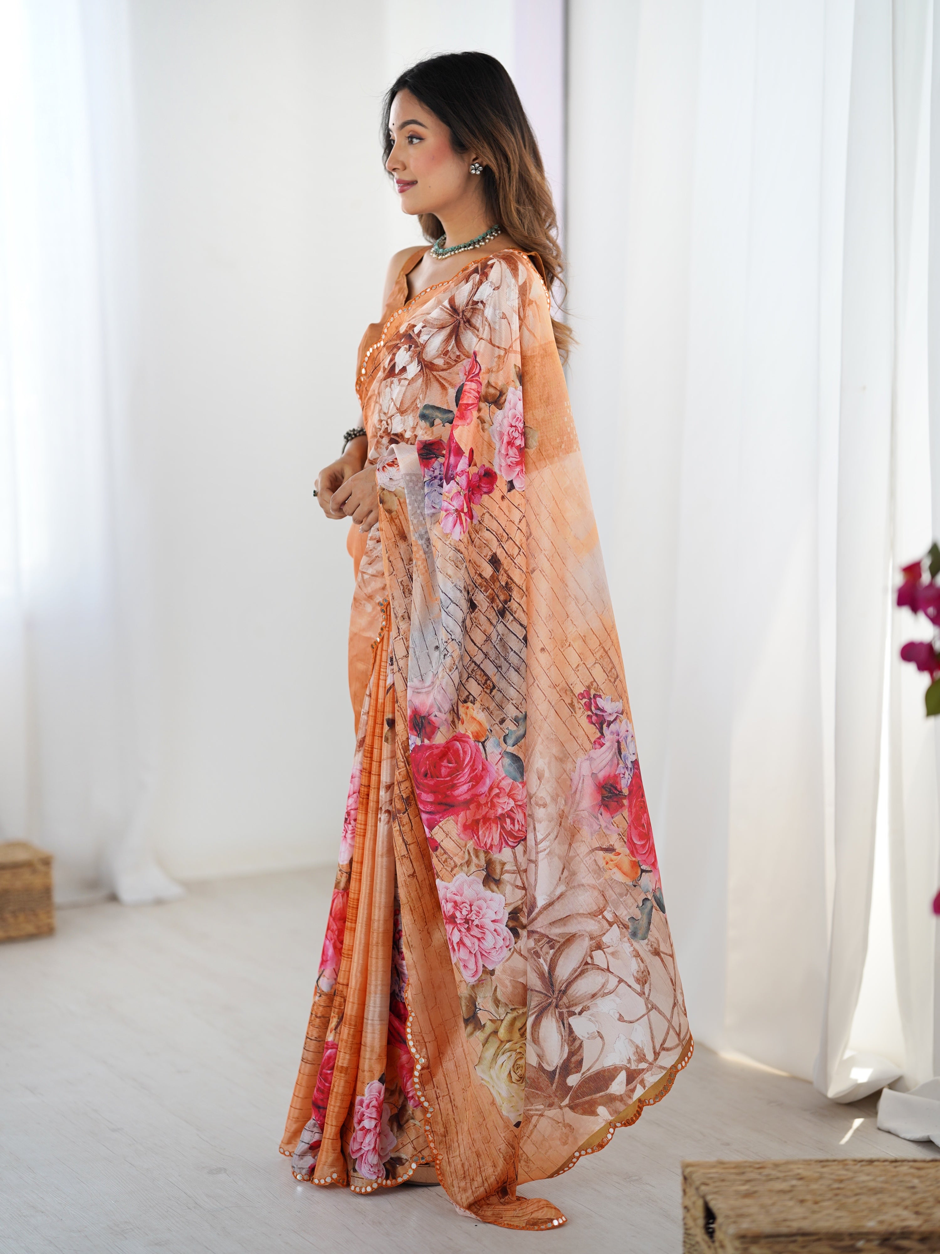 Multicolor Chinon Digital Printed Designer Saree with Mirror Border