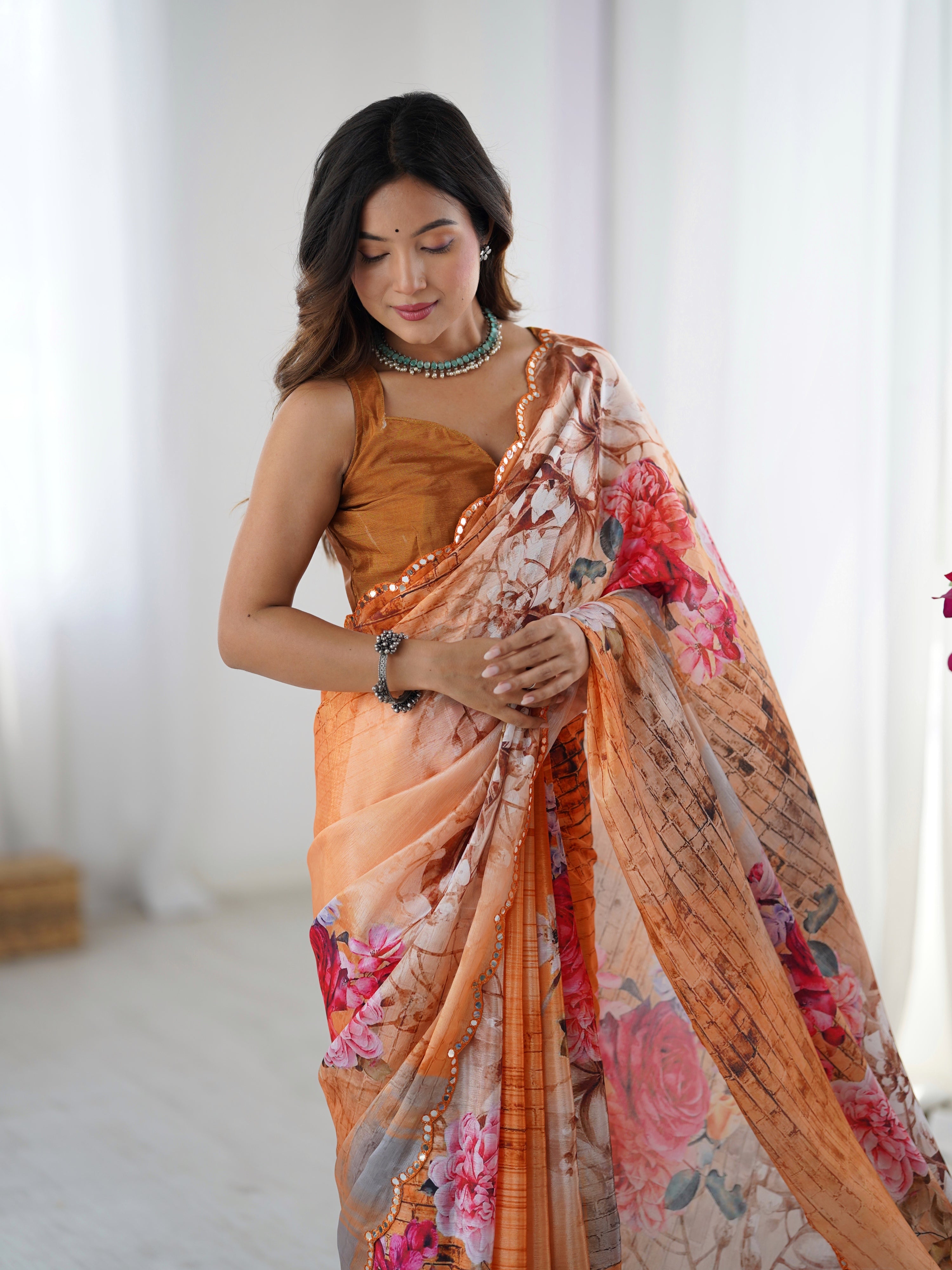Multicolor Chinon Digital Printed Designer Saree with Mirror Border