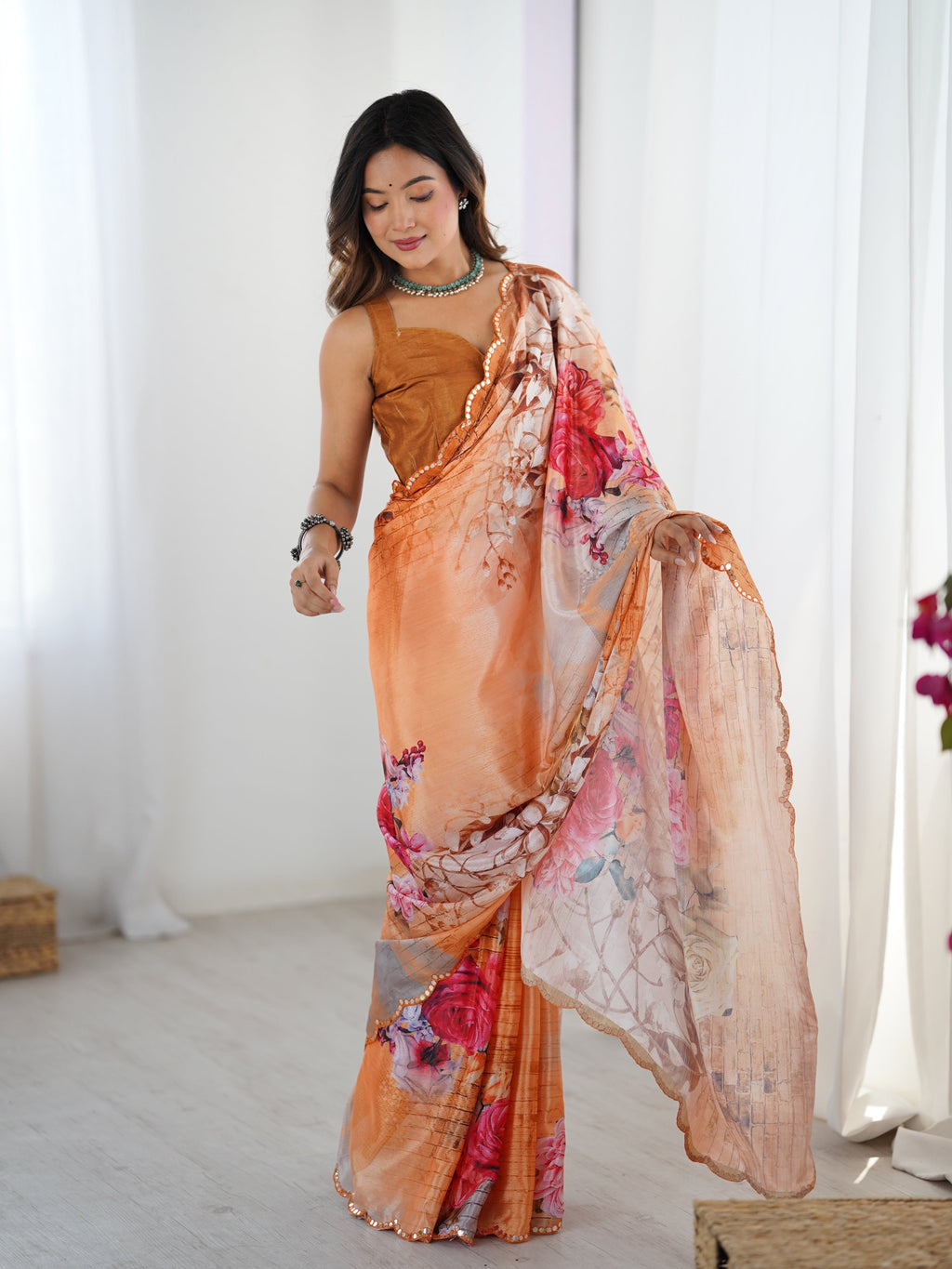 Multicolor Chinon digital printed saree with mirror lace border