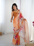 Multicolor Chinon digital printed saree with mirror lace border